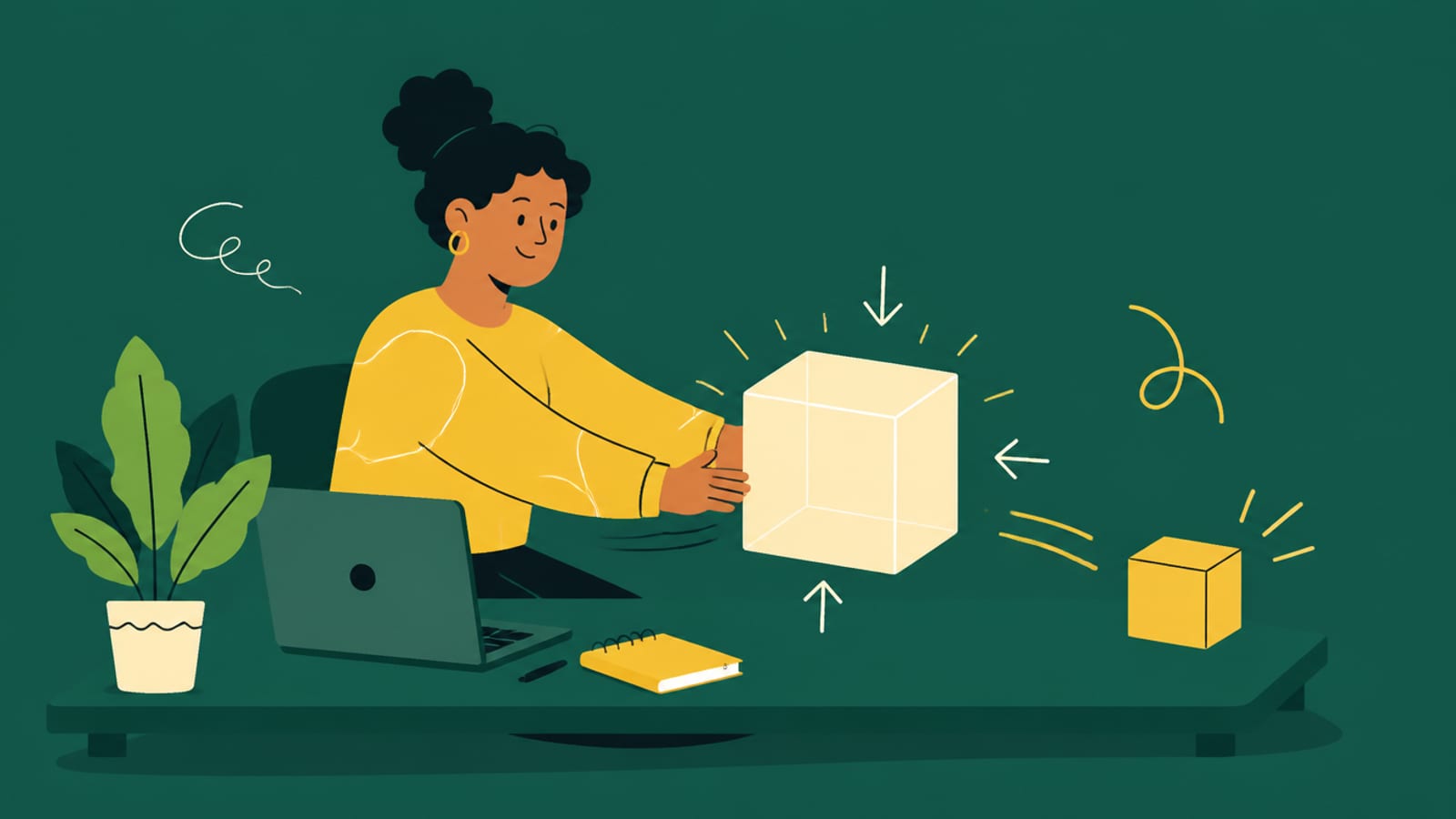Flat illustration of a person compressing a large cube into a small box, on a teal background