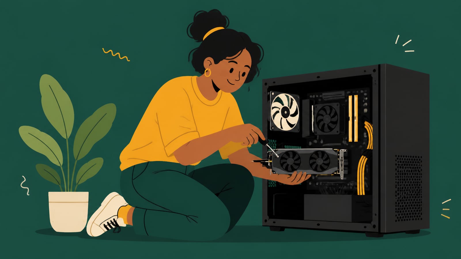 Flat illustration of a person installing a graphics card into a PC with a screwdriver, on a teal background