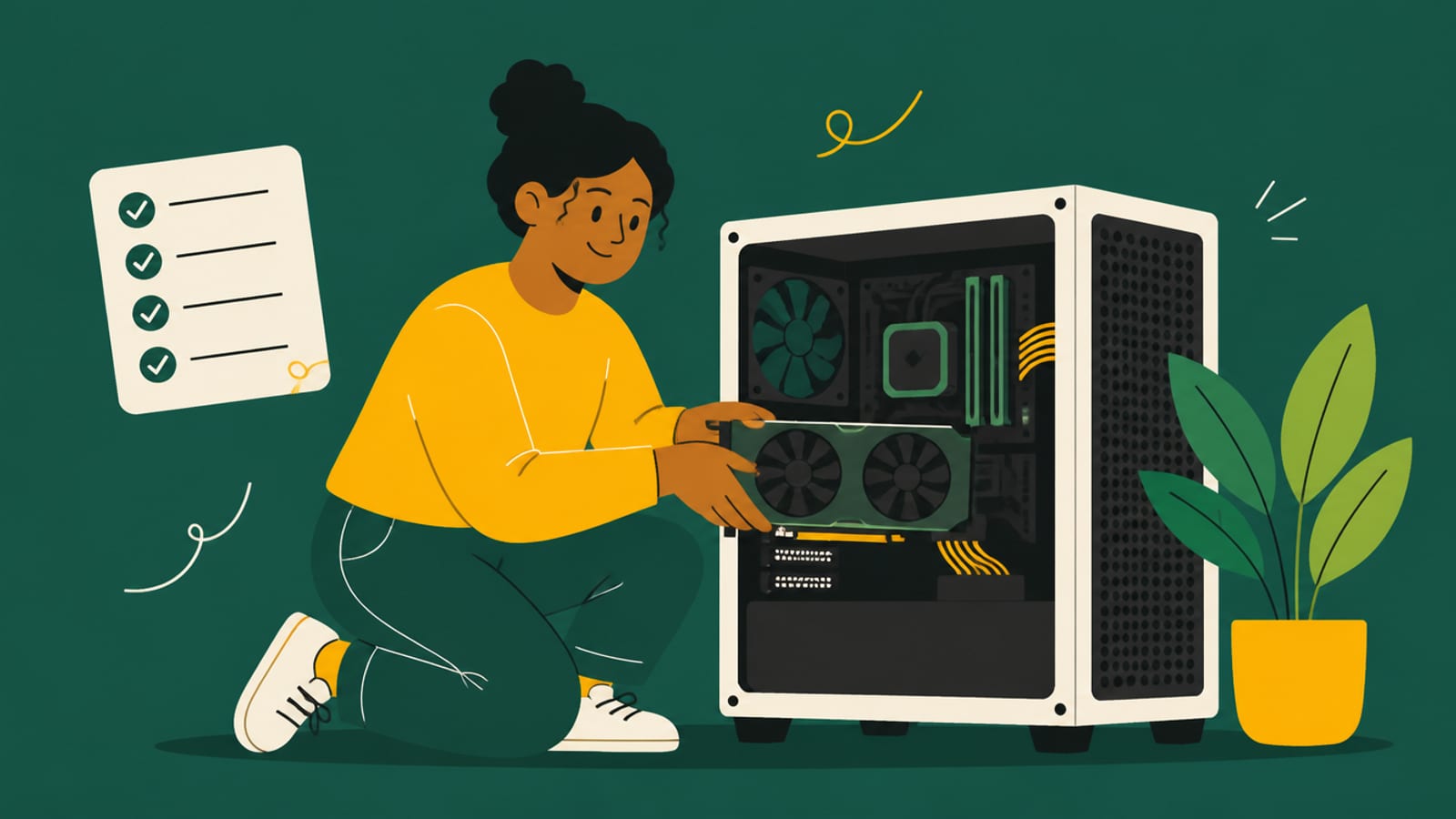 Flat illustration of a person plugging a graphics card into a PC with a setup checklist, on a teal background