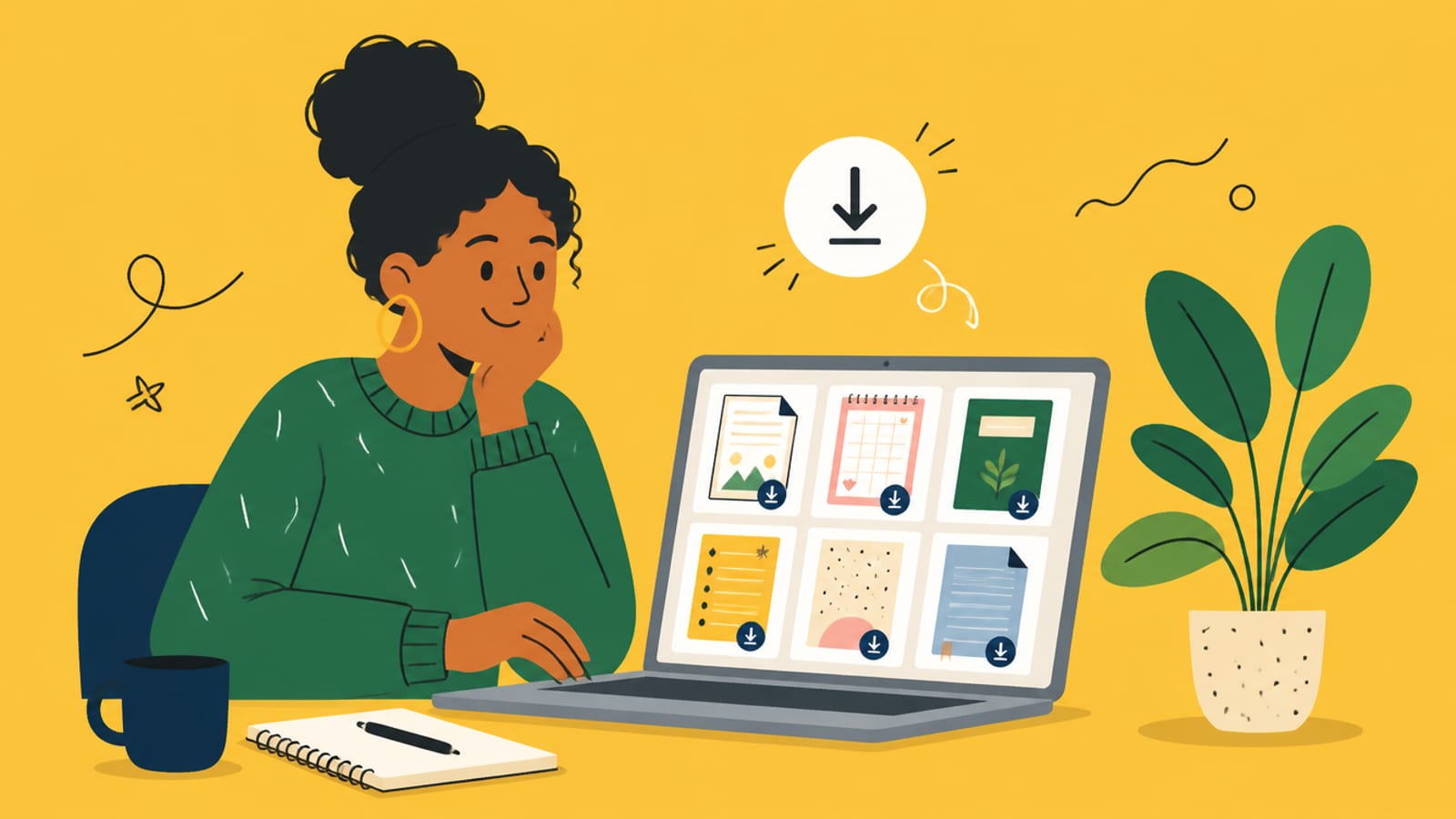 Flat illustration of a person with a grid of digital-download product tiles, on a mustard background