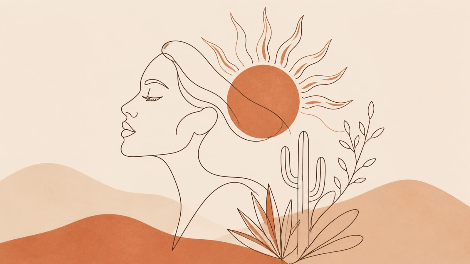 A minimalist boho line-art design of a woman's face with a sun, a printable digital product