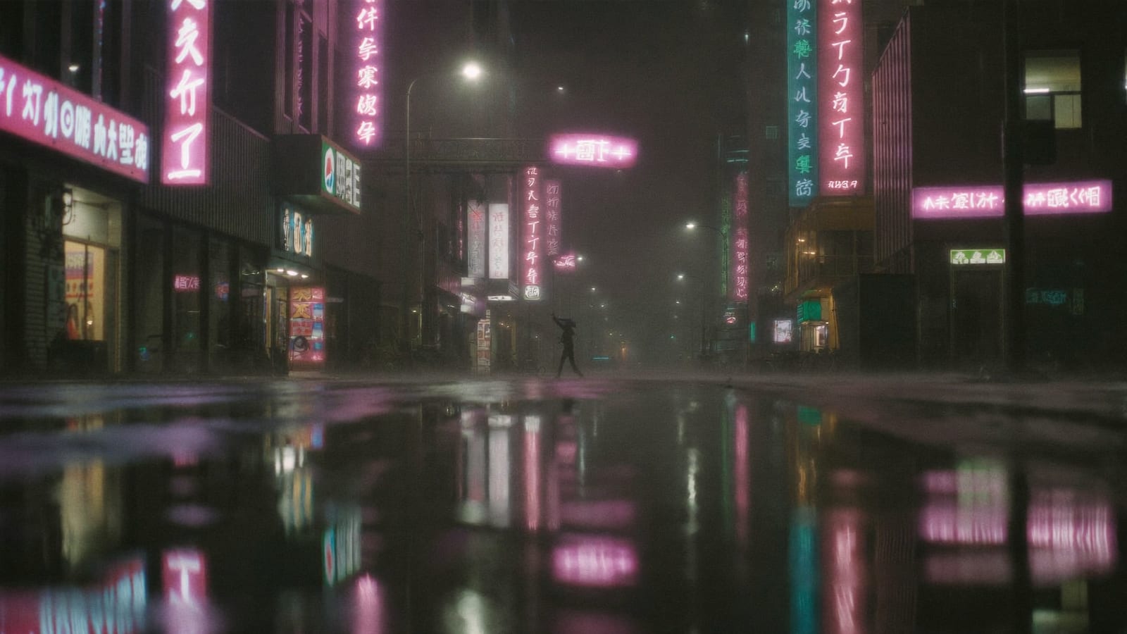 Moody rain-streaked city street at night with glowing neon reflections in the wet pavement, cinematic b-roll style
