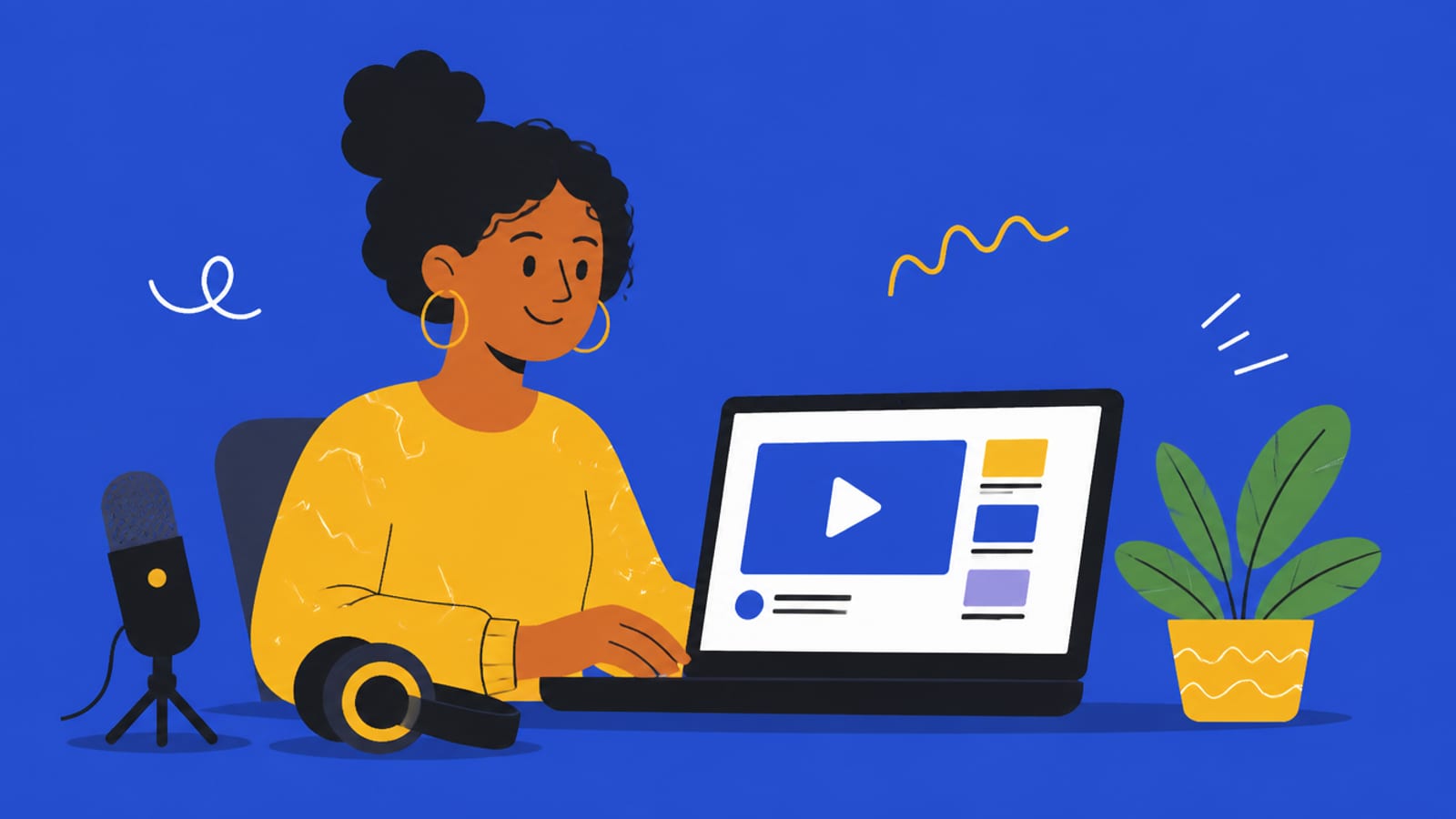 Flat illustration of a person setting up a video channel on a laptop with a mic, on a cobalt background