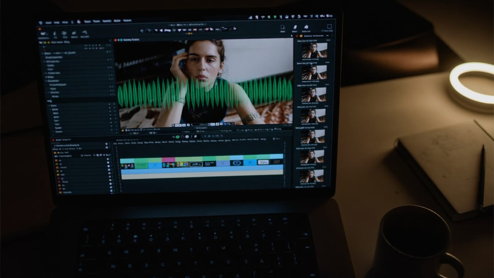 A laptop showing a video-editing timeline while assembling a faceless YouTube video