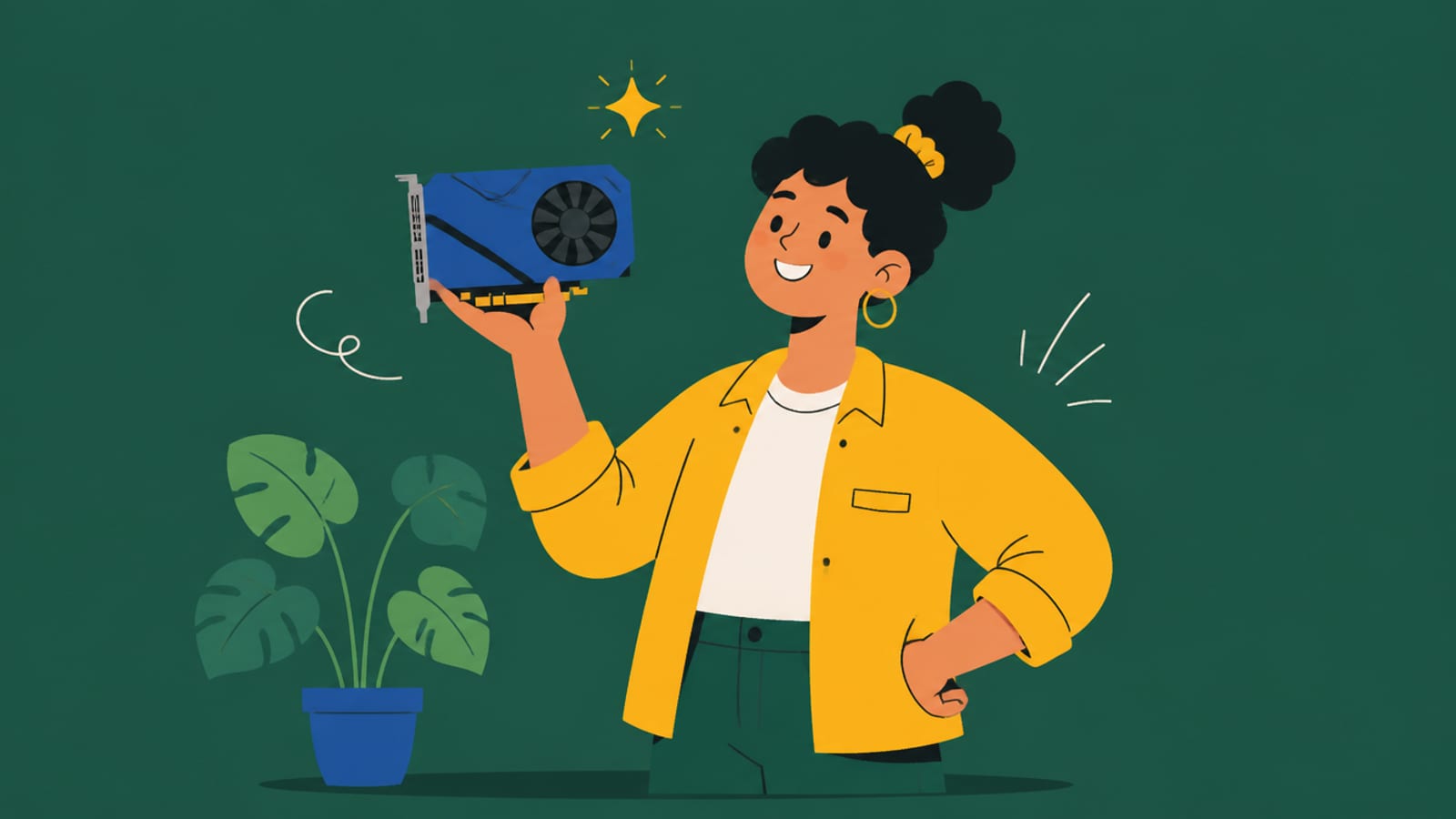 Flat illustration of a person holding up a compact blue budget graphics card, on a teal background