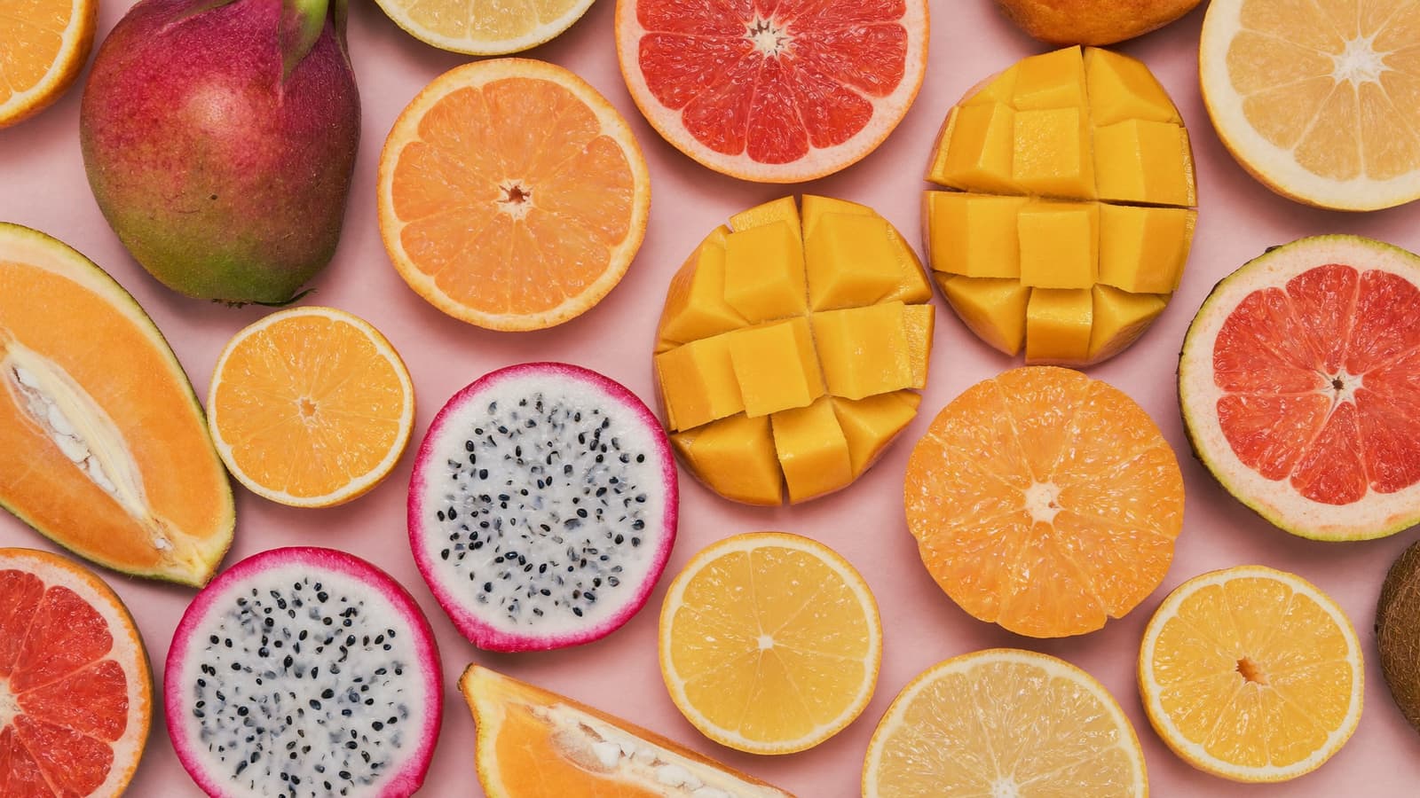 A vibrant flat-lay of tropical fruits, generated with Higgsfield