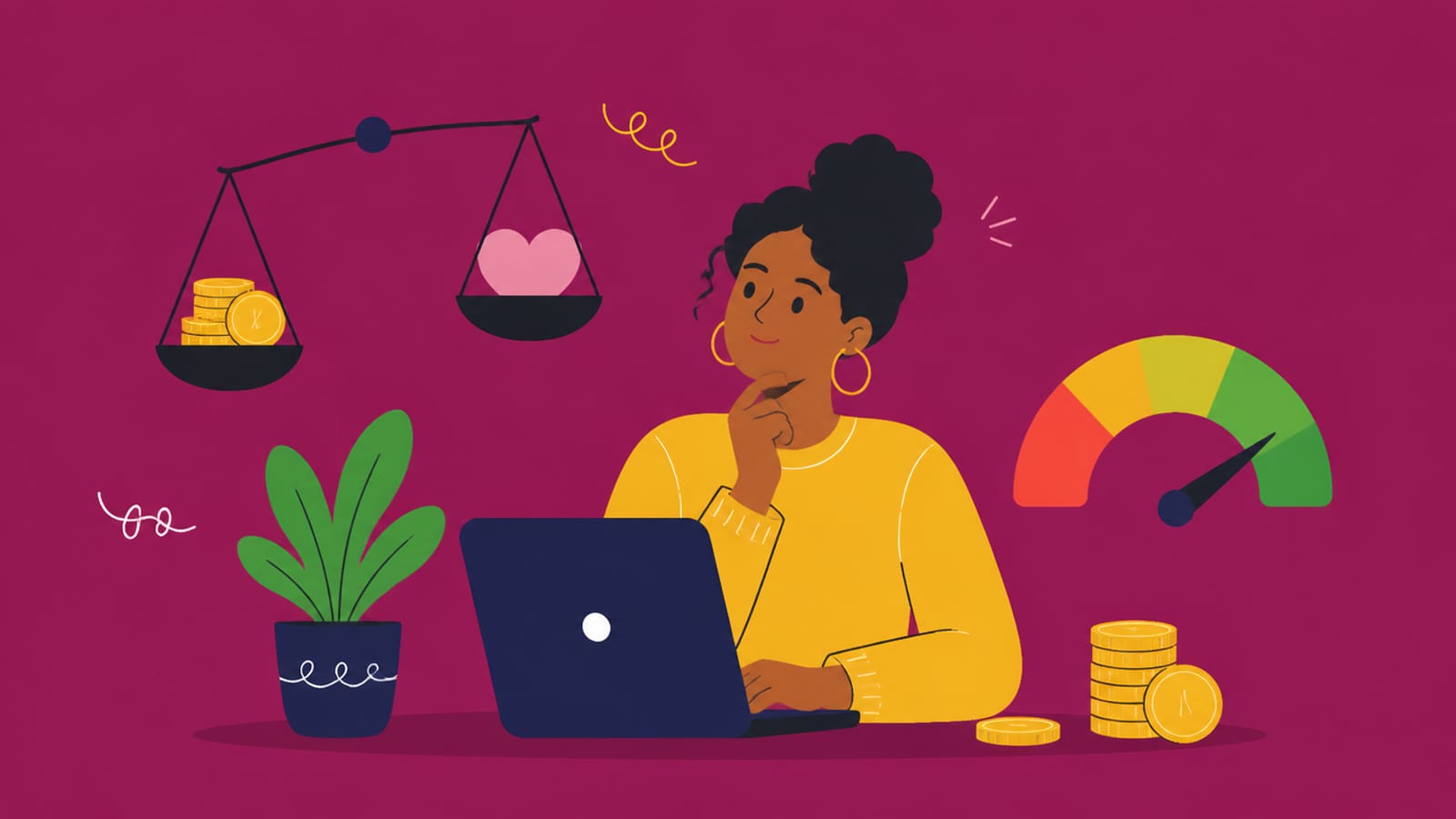 Flat illustration of a person weighing an AI tool's cost against its value, on a magenta background