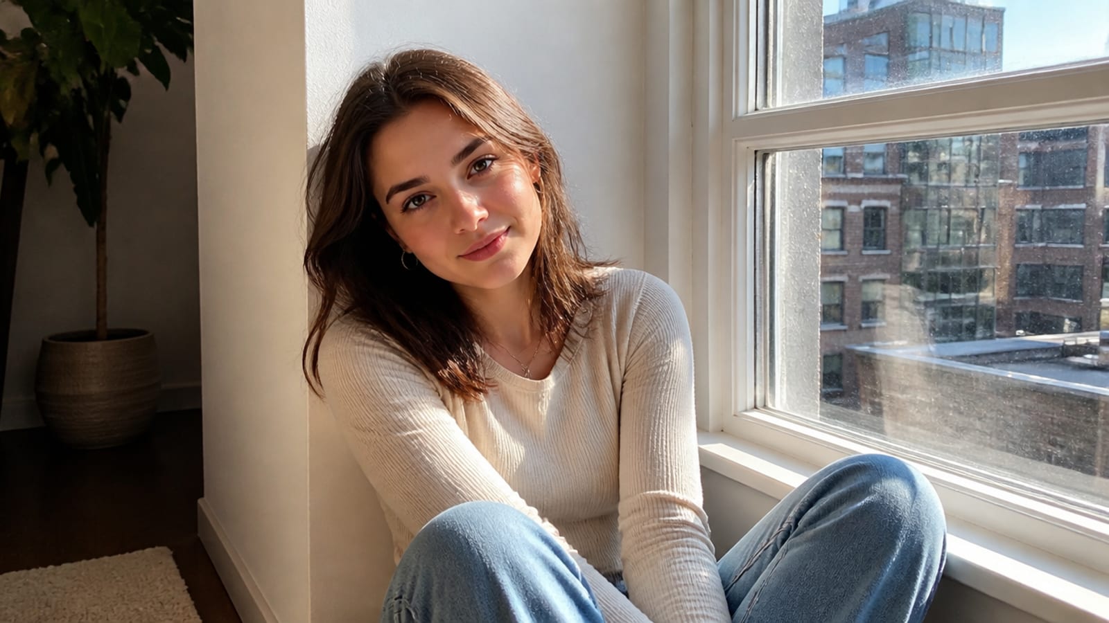 A natural lifestyle portrait of an invented creator by a bright window