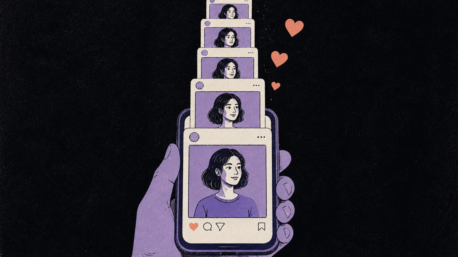 Illustration of a phone with a stack of social-media posts of the same recurring face flowing up out of the screen
