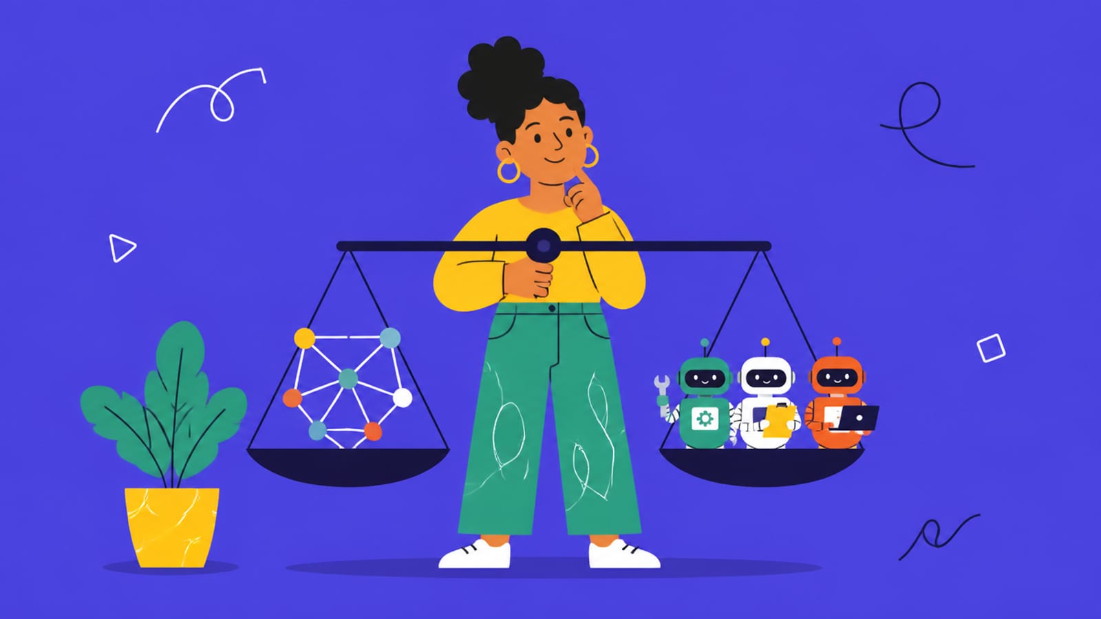 Illustration weighing a node-graph framework against a team-of-robots framework