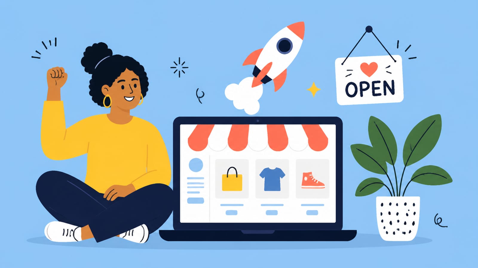 Flat illustration of a person launching an online store on a laptop, on a sky-blue background