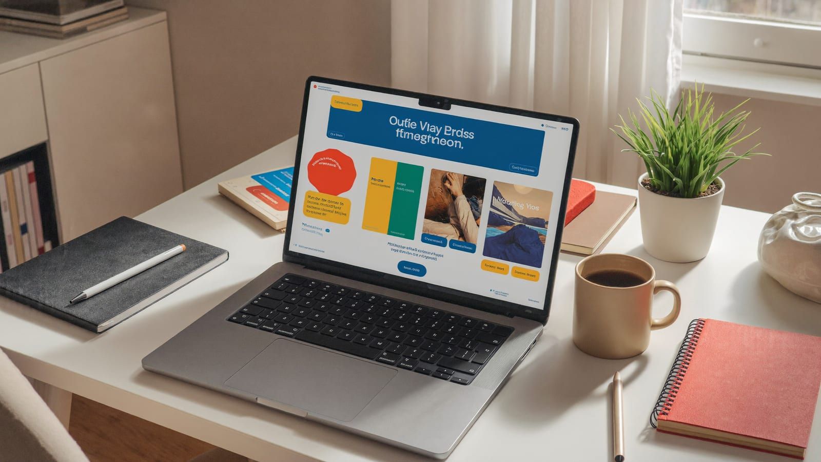 A weekend desk with a laptop showing a clean online-store homepage and a plain product box