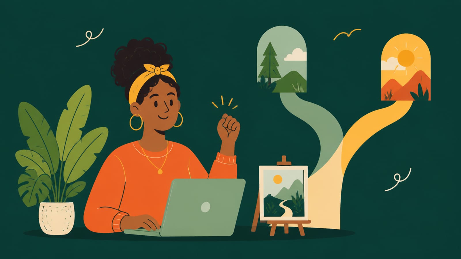 Flat illustration of a creator at a laptop choosing between two ways to make AI images