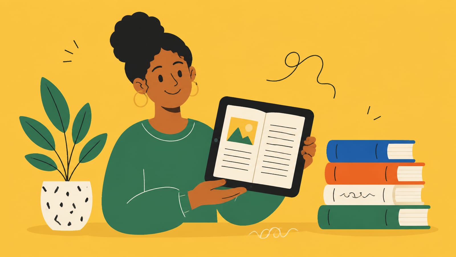 Flat illustration of a person holding a tablet ebook with a stack of books, on a mustard background