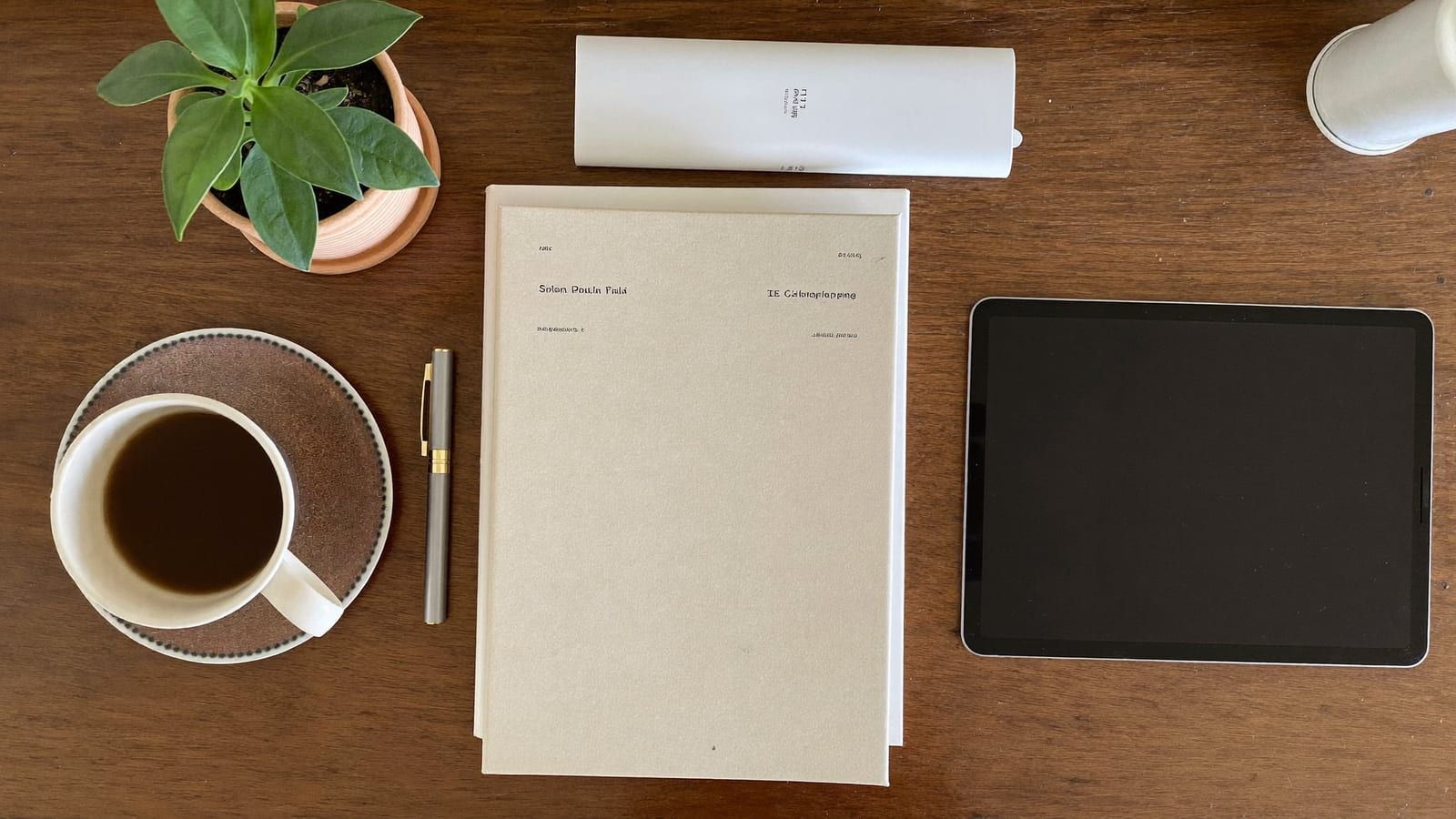 A cozy self-publishing desk flat lay with a tablet, plain blank-cover journals, a pen and a coffee