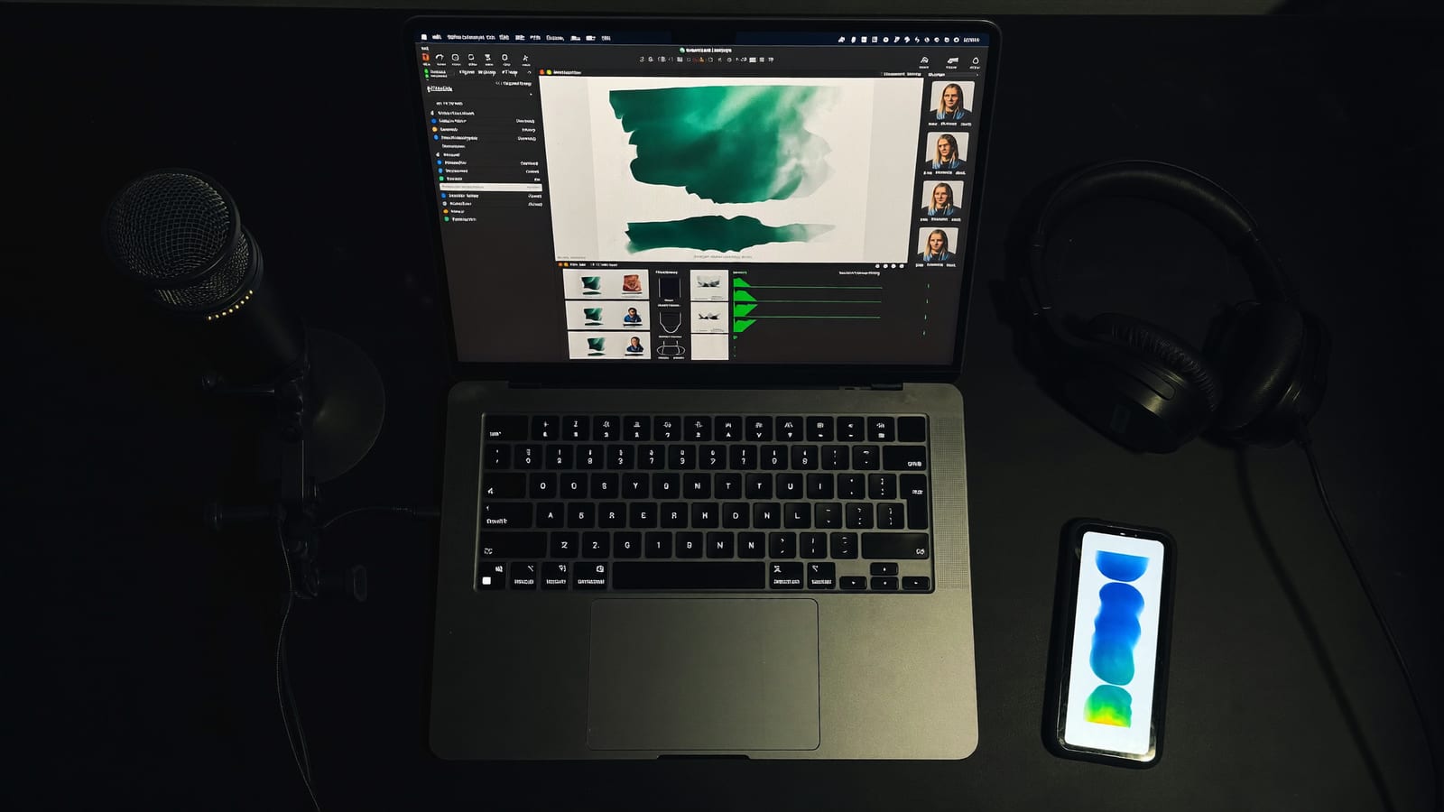 An overhead flat-lay of a faceless content toolkit: a laptop with an editing timeline, a microphone, headphones, a phone with a vertical video