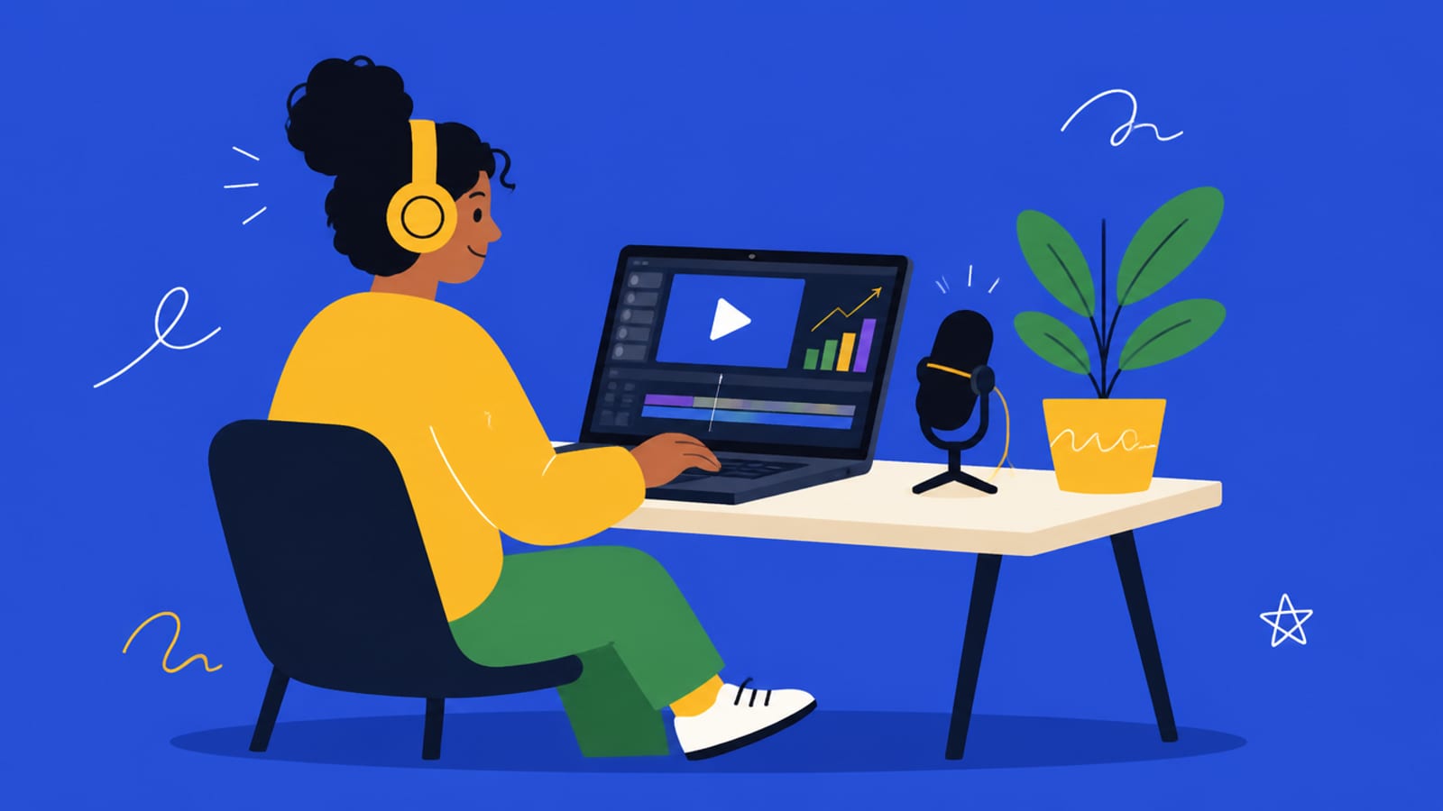 Flat illustration of a person editing video on a laptop with a play button and rising graph, on a cobalt background