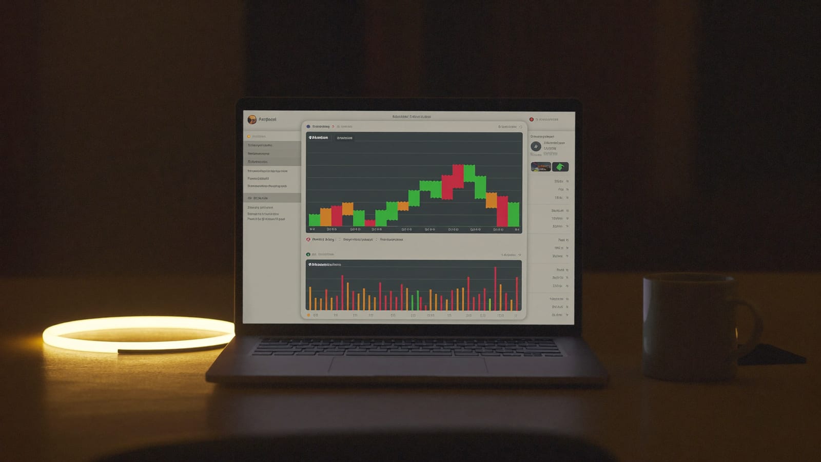 A moody creator's desk at night with a laptop showing a video dashboard and a subscriber graph, a glowing ring light