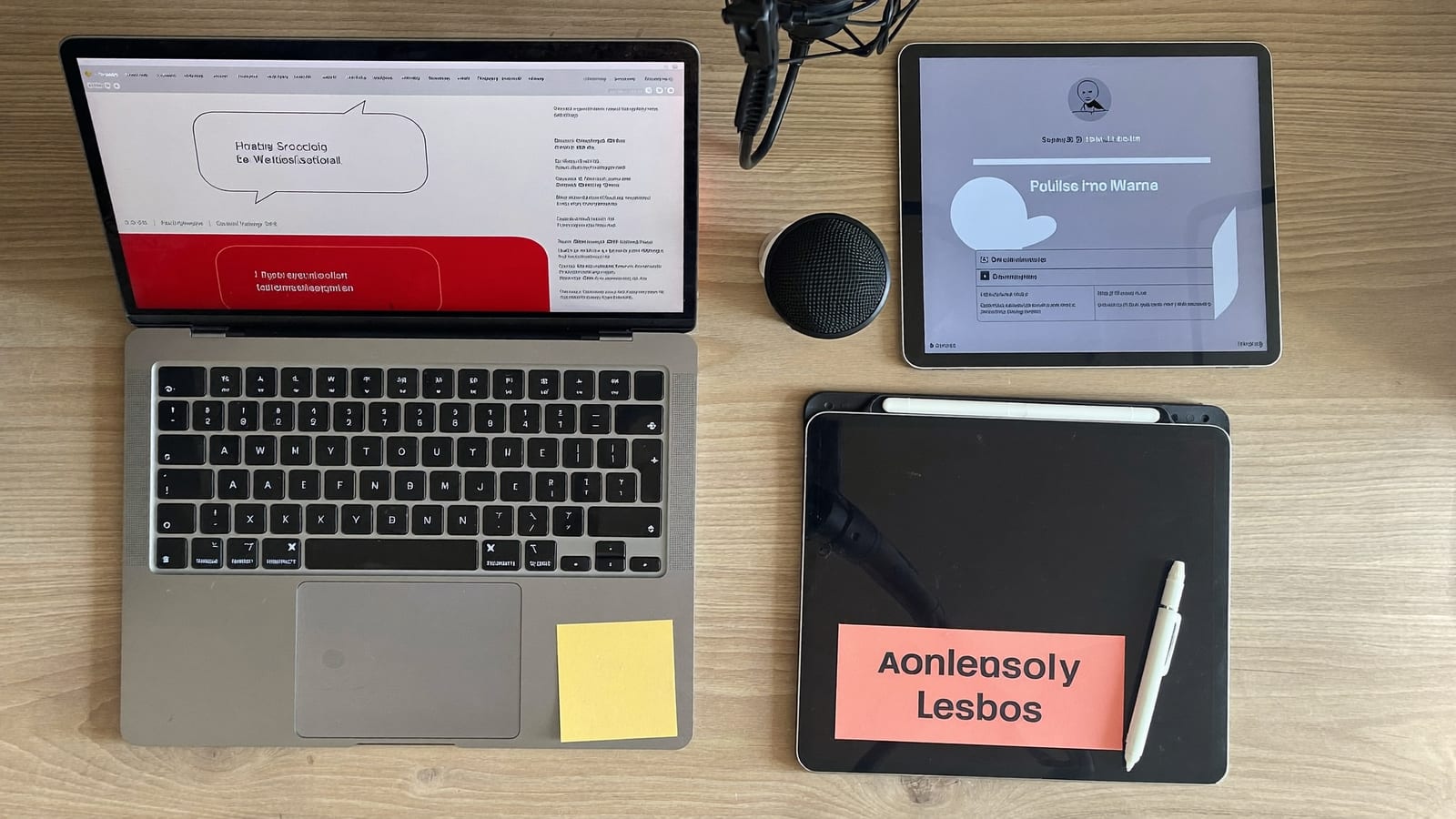 A flat-lay of course production pieces: a laptop with a lesson outline, a microphone, a tablet with a slide, sticky notes