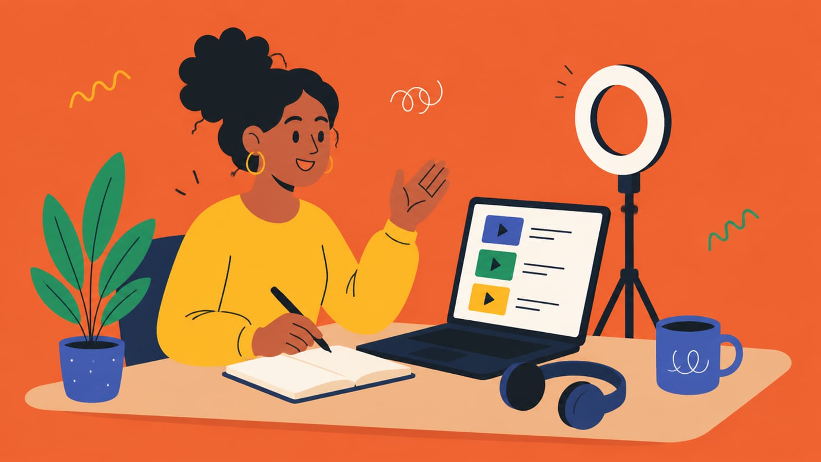Flat illustration of a person recording a course at a desk with a ring light and laptop, on a coral background