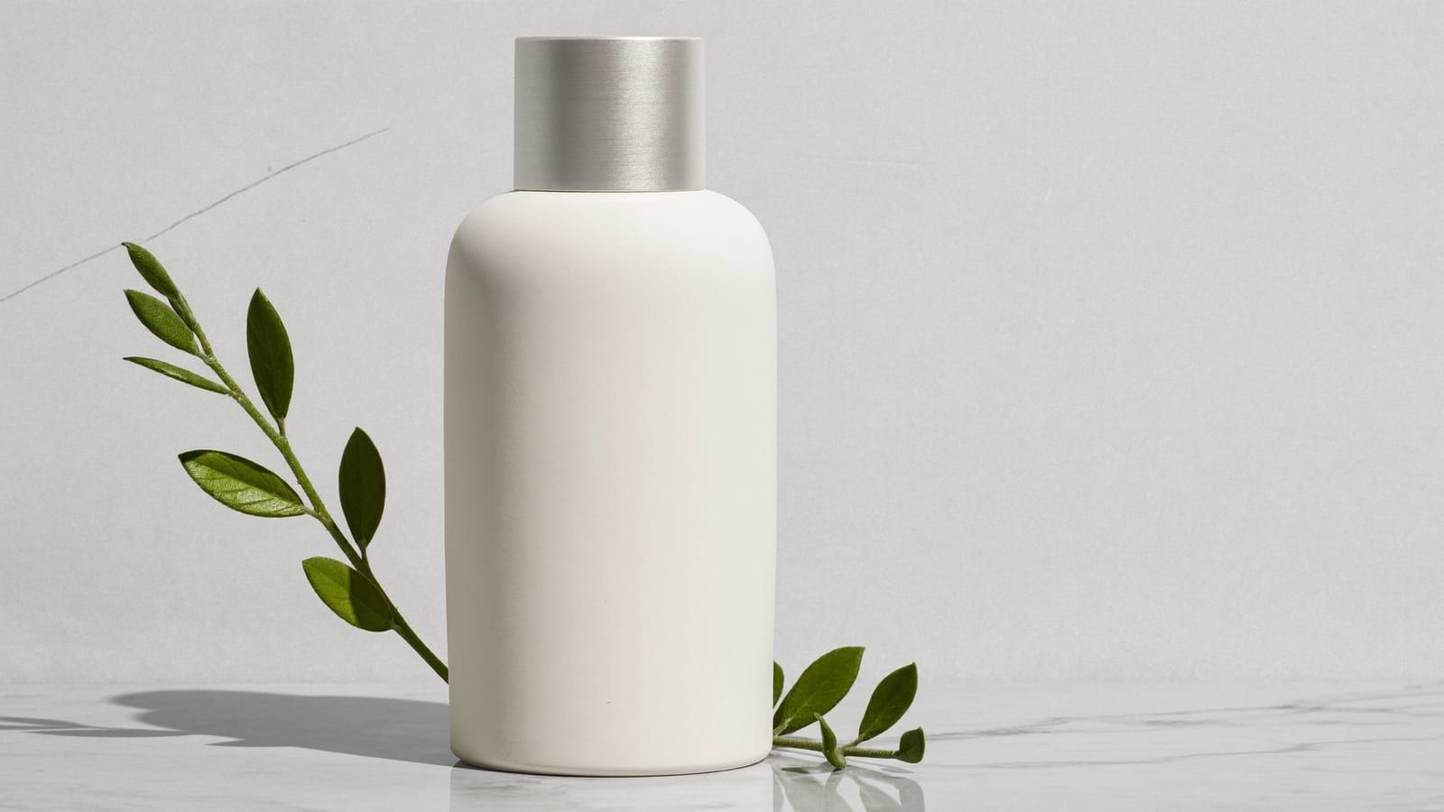 A clean studio-lit product photo of a plain bottle on white marble with a soft shadow and a green leaf