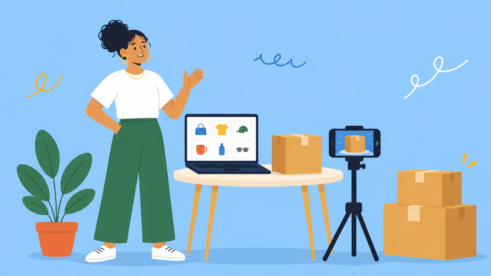 Flat illustration of a person with an online-store laptop and a phone photographing a product, on a sky-blue background