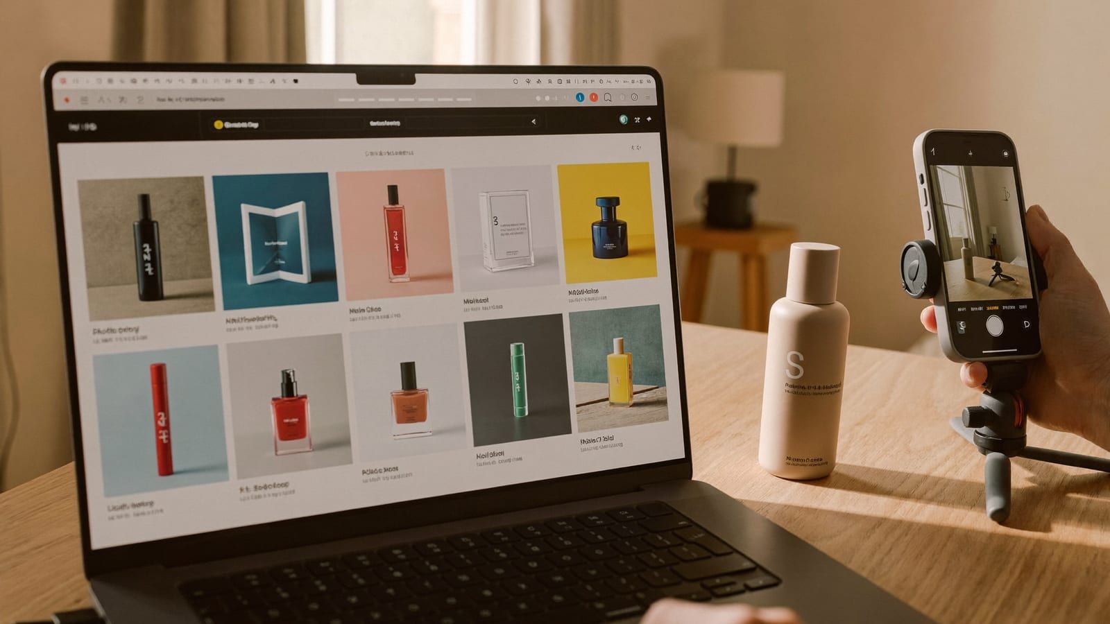 A maker's desk with a laptop showing an online store and a phone photographing a plain product