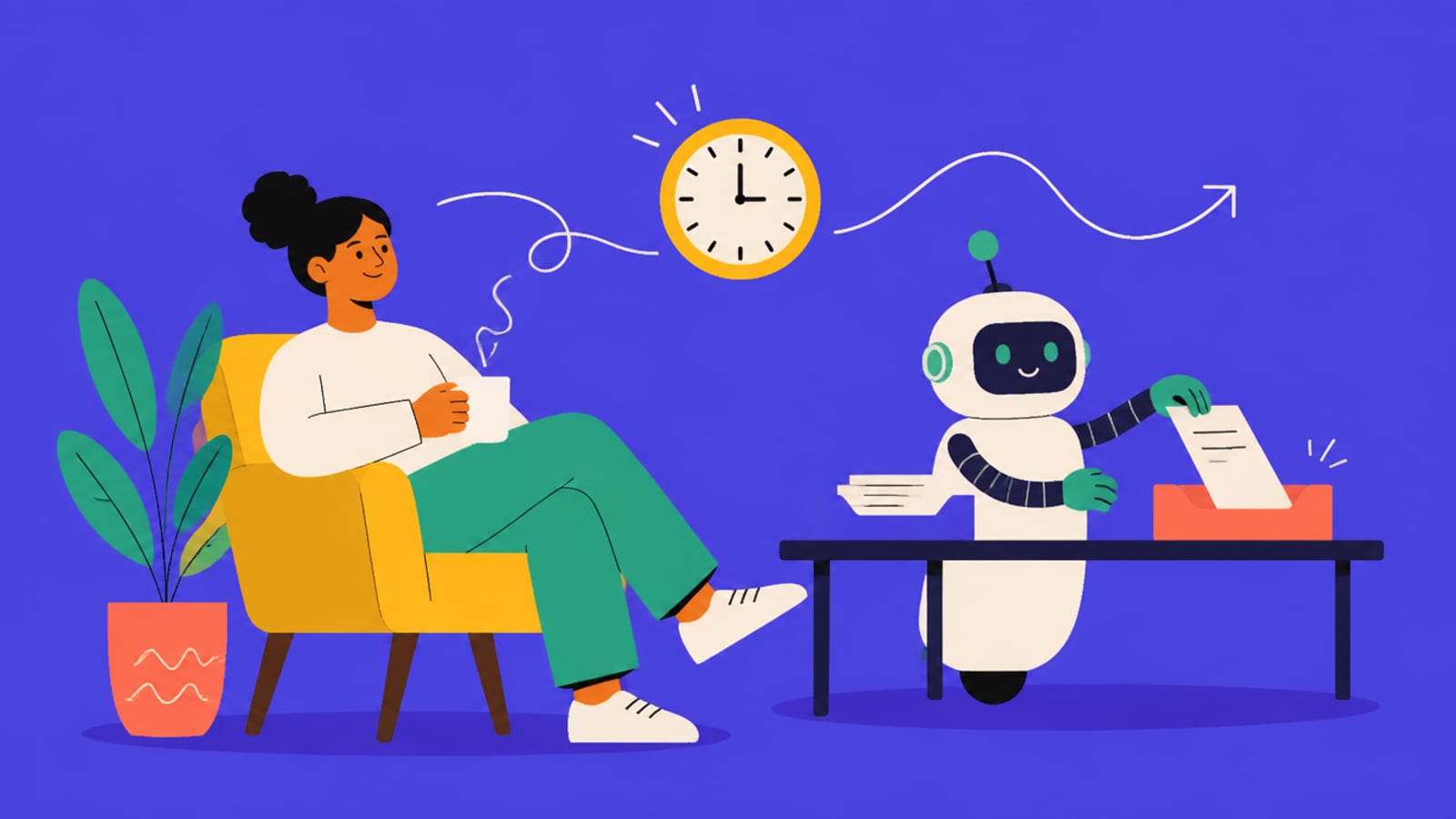 Illustration of a person with a coffee while a robot handles a repetitive task