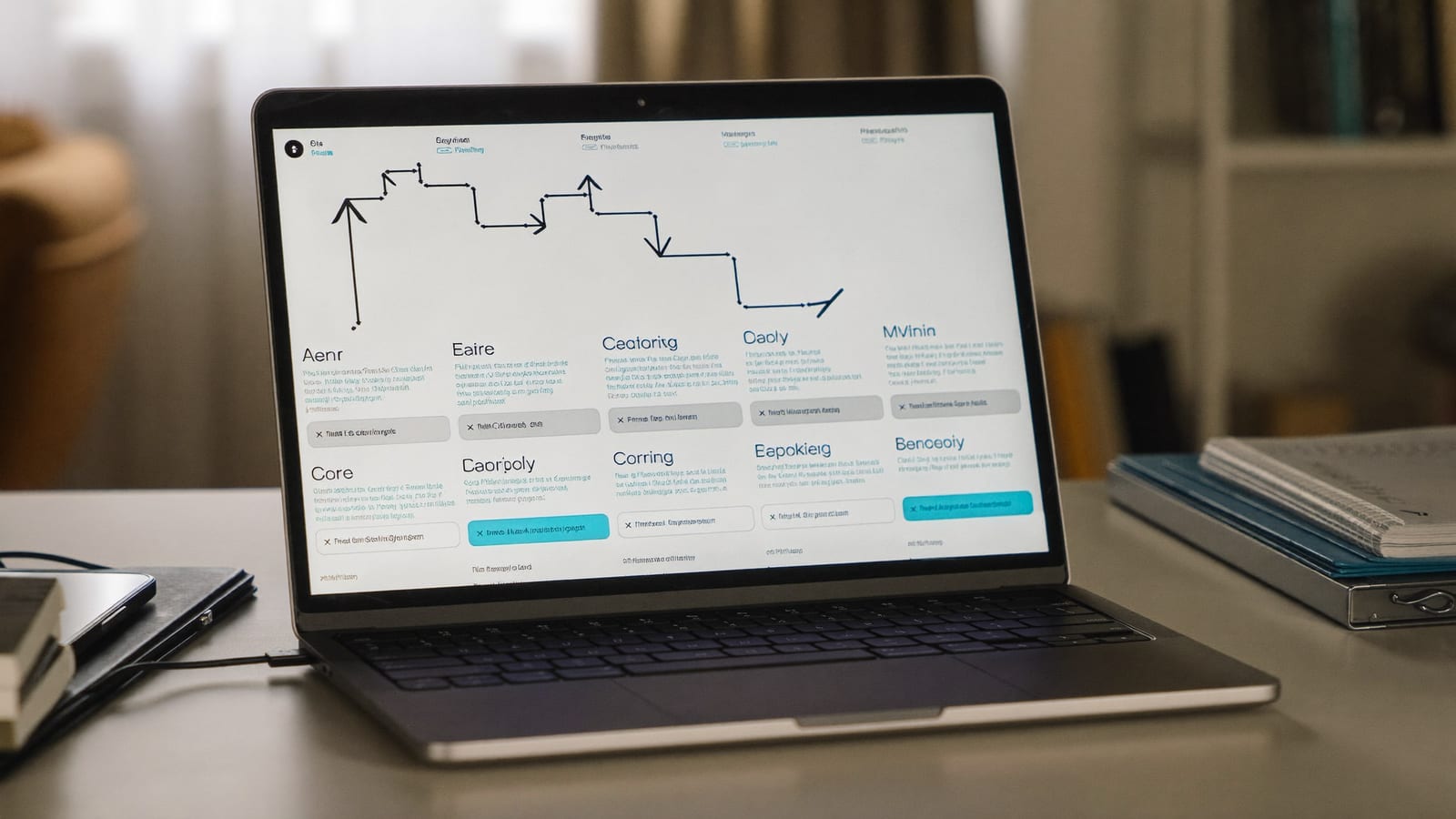 A laptop showing an email campaign and funnel layout as clean abstract blocks and arrows