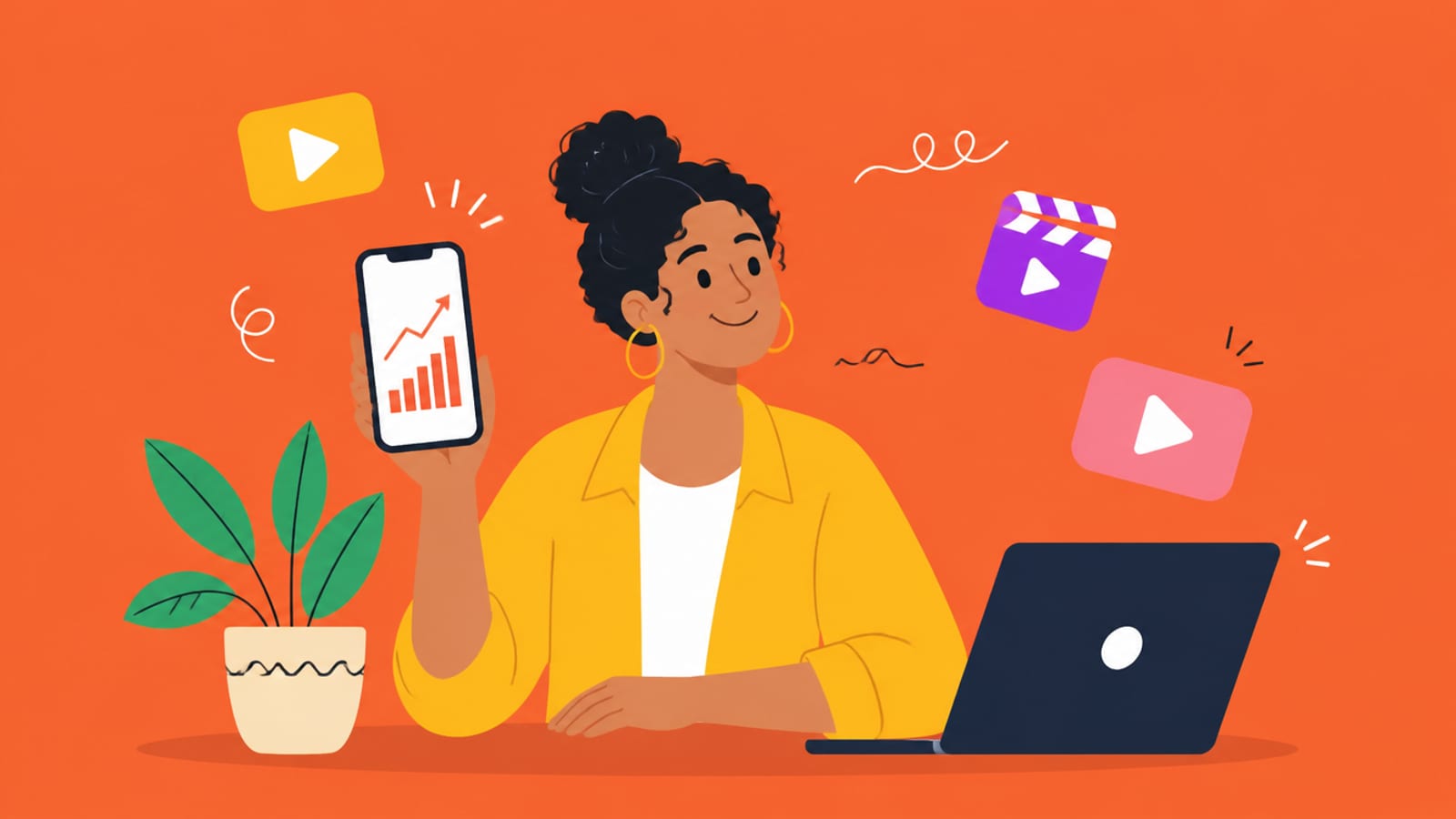 Flat illustration of a person with a phone showing a rising graph and reel icons, on a coral background