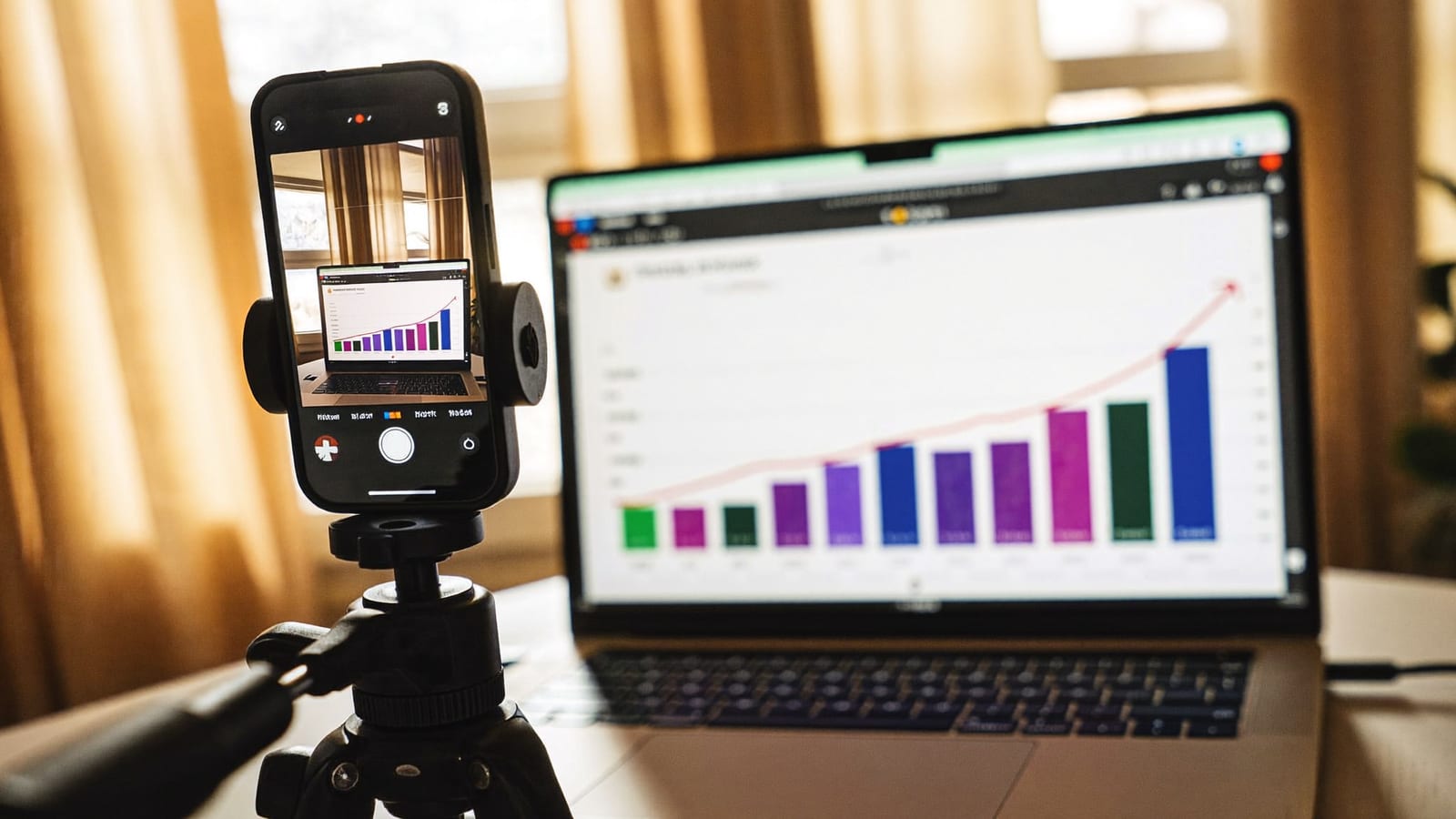 A phone on a tripod filming a bright vertical promo scene with a laptop showing an analytics chart beside it