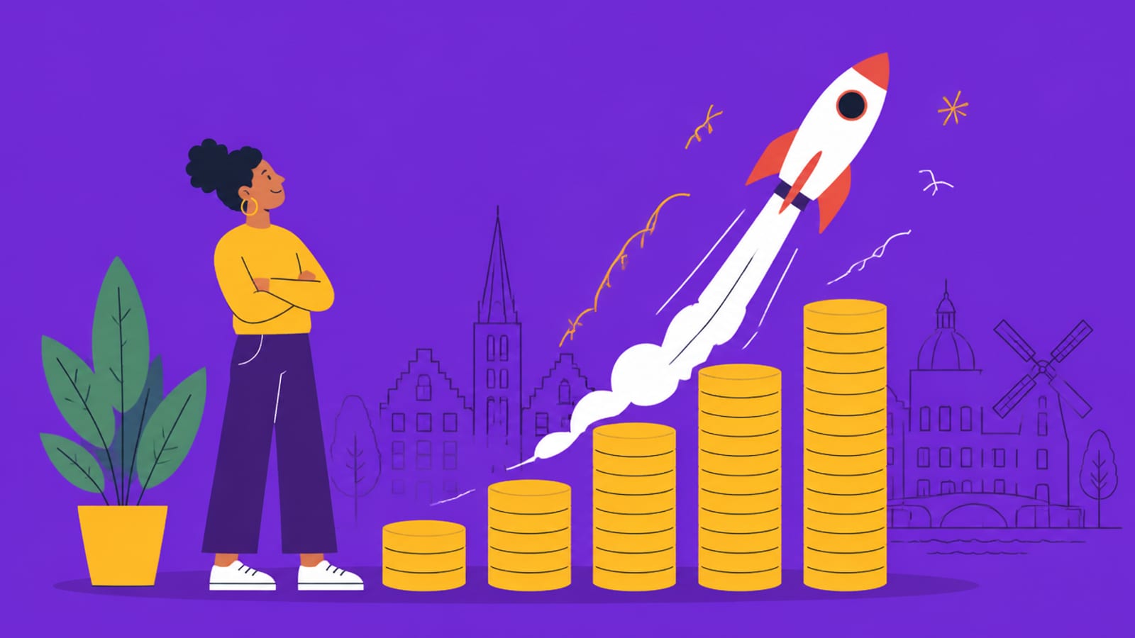 Illustration of a startup rocket climbing a rising bar chart of coins with a European skyline