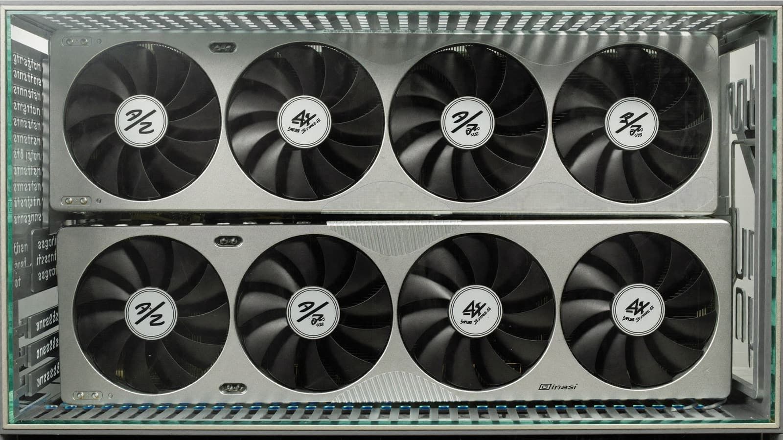 Two graphics cards installed in a single open PC build for local AI