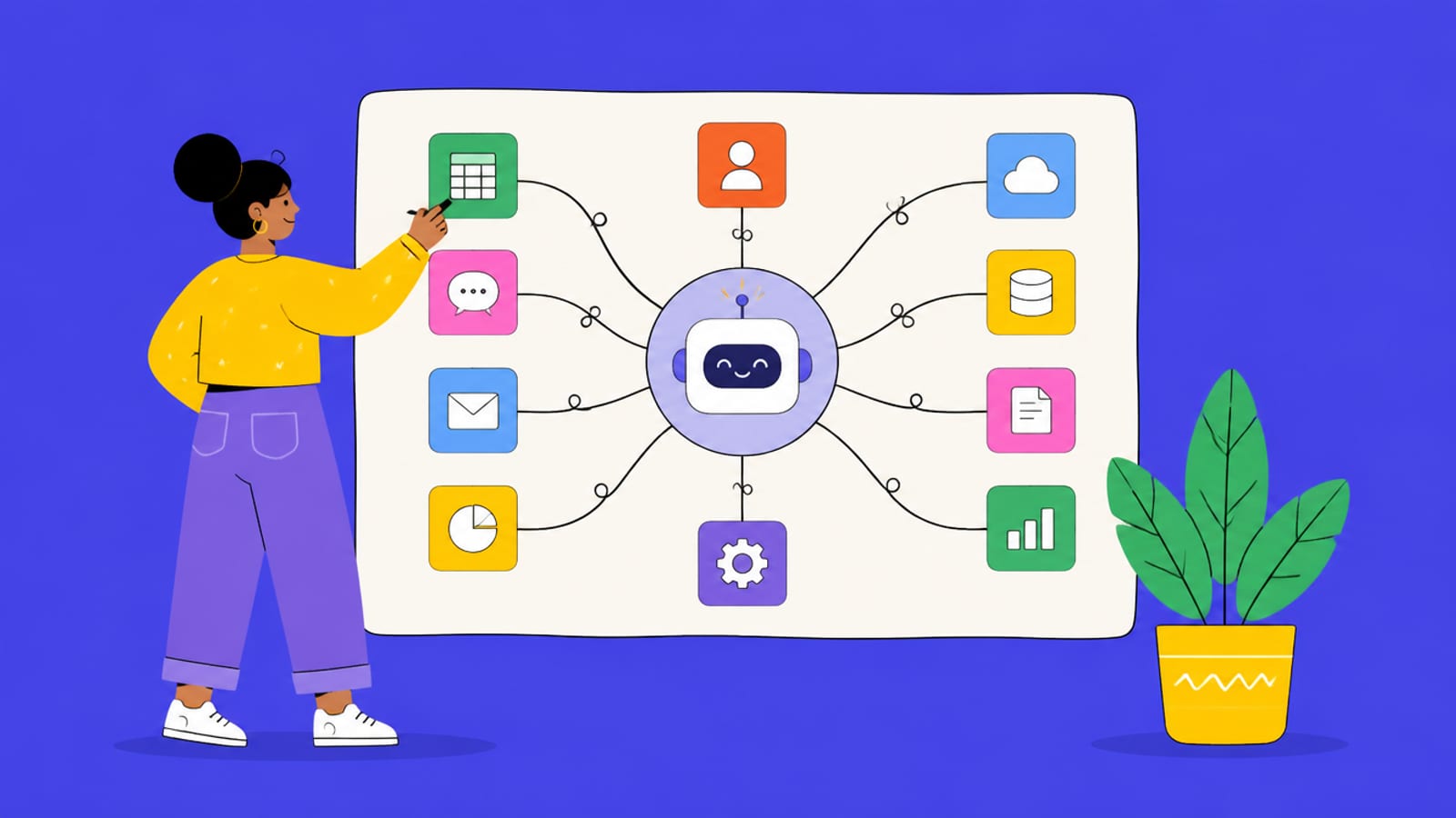 Illustration of connecting many app tiles into a central robot node on a no-code canvas
