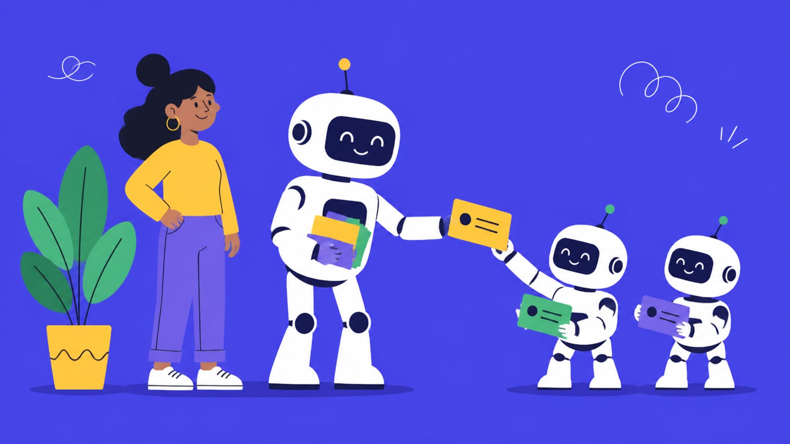 Illustration of a main robot handing tasks off to sub-robots