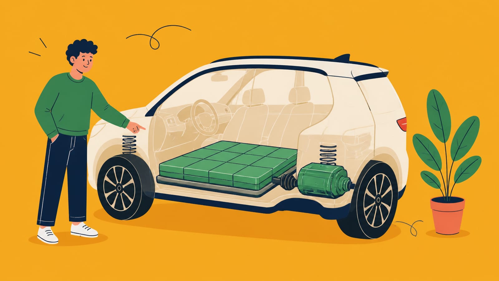 Illustration of a semi-transparent electric SUV showing its flat floor battery and compact motor