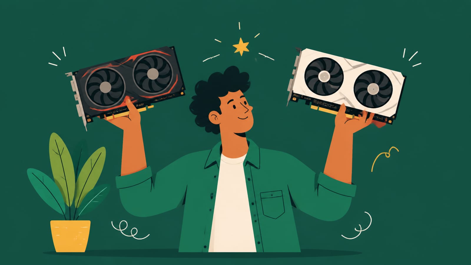 Flat illustration of a person comparing two graphics cards side by side, on a teal background