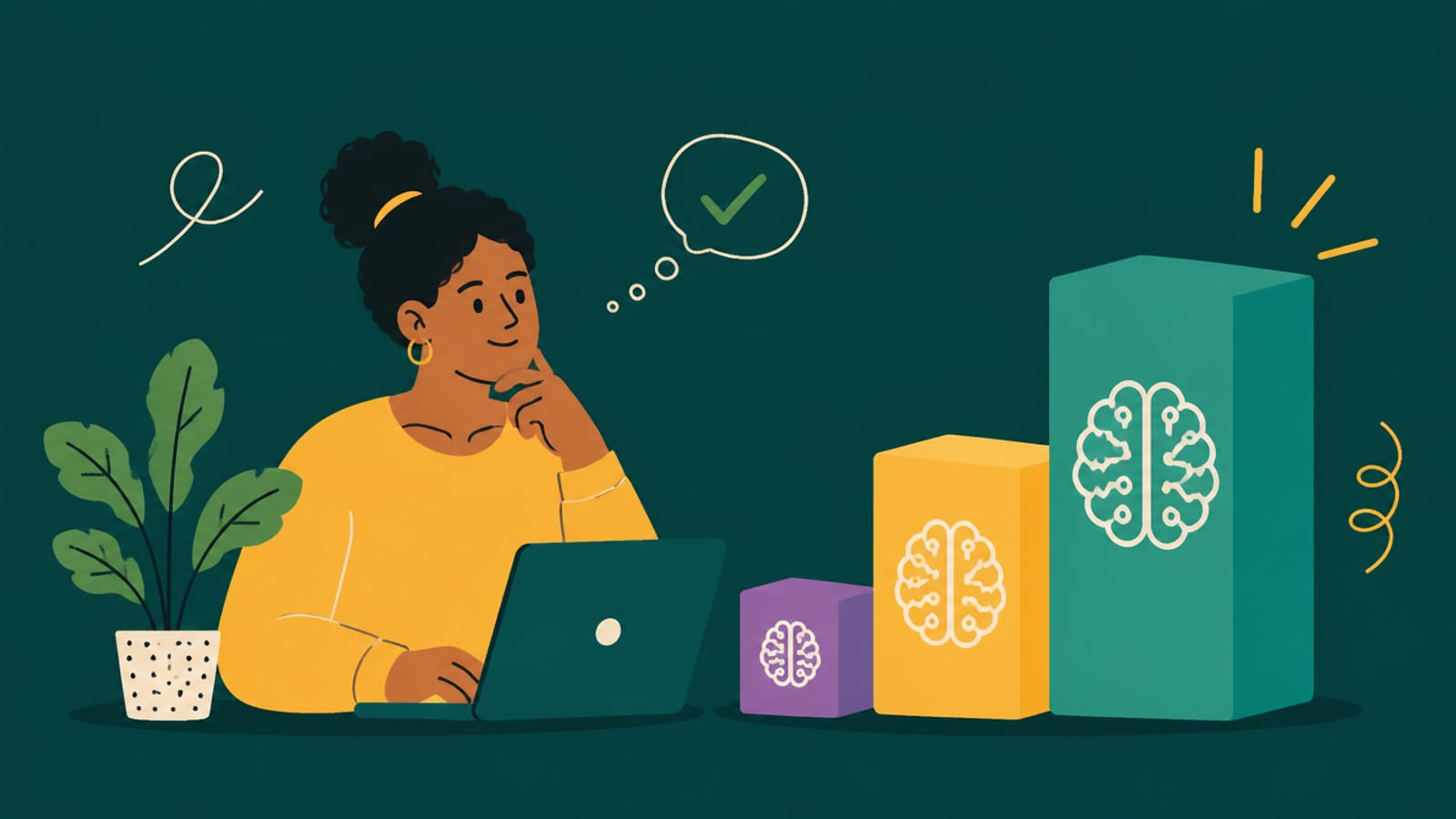 Flat illustration of a person choosing which GLM model version fits their hardware, on a teal background