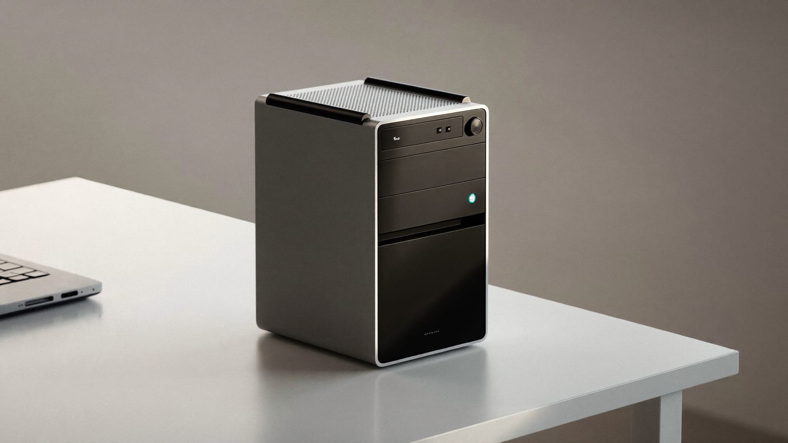 A small modern mini-PC on a clean desk with a soft glow
