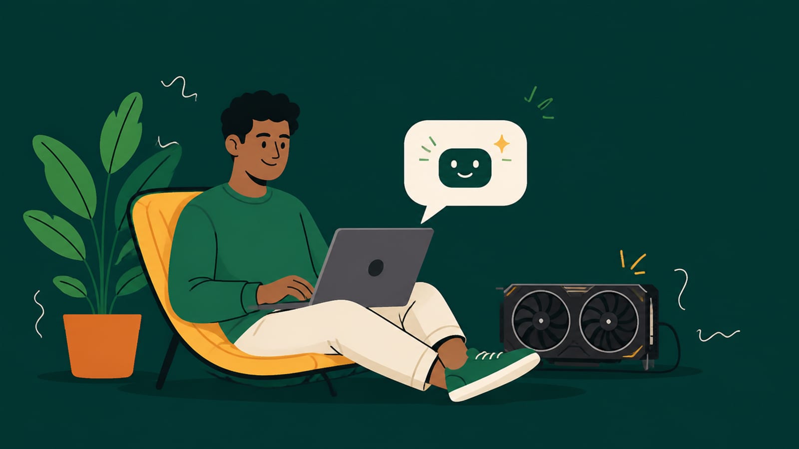 Flat illustration of a person running a local AI chat assistant on a laptop with a single graphics card, on a teal background