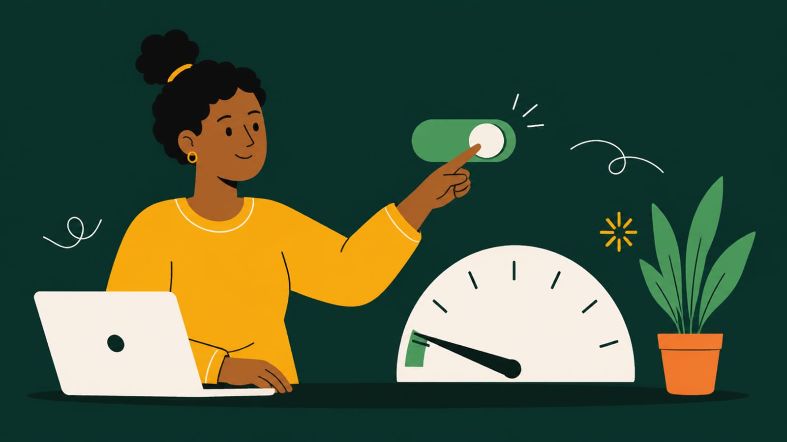 Flat illustration of a person toggling a serverless GPU on and off — pay only while it runs — on a teal background
