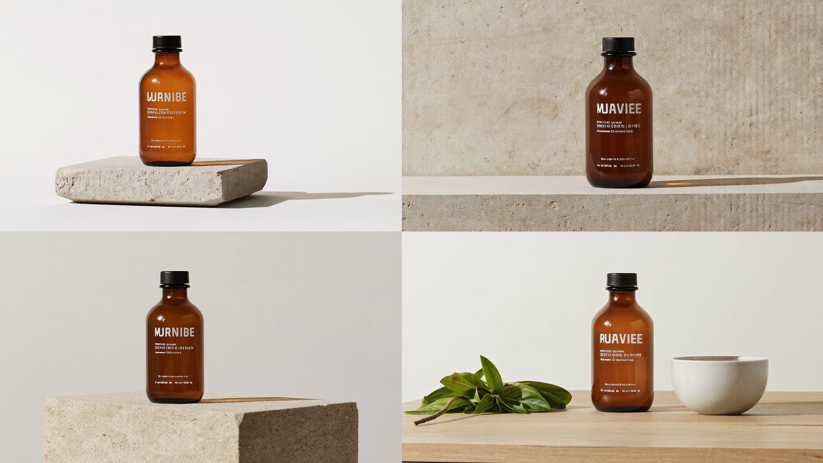 A four-panel grid of the same product staged as a white-background shot, a lifestyle scene, a seasonal setup and a macro close-up