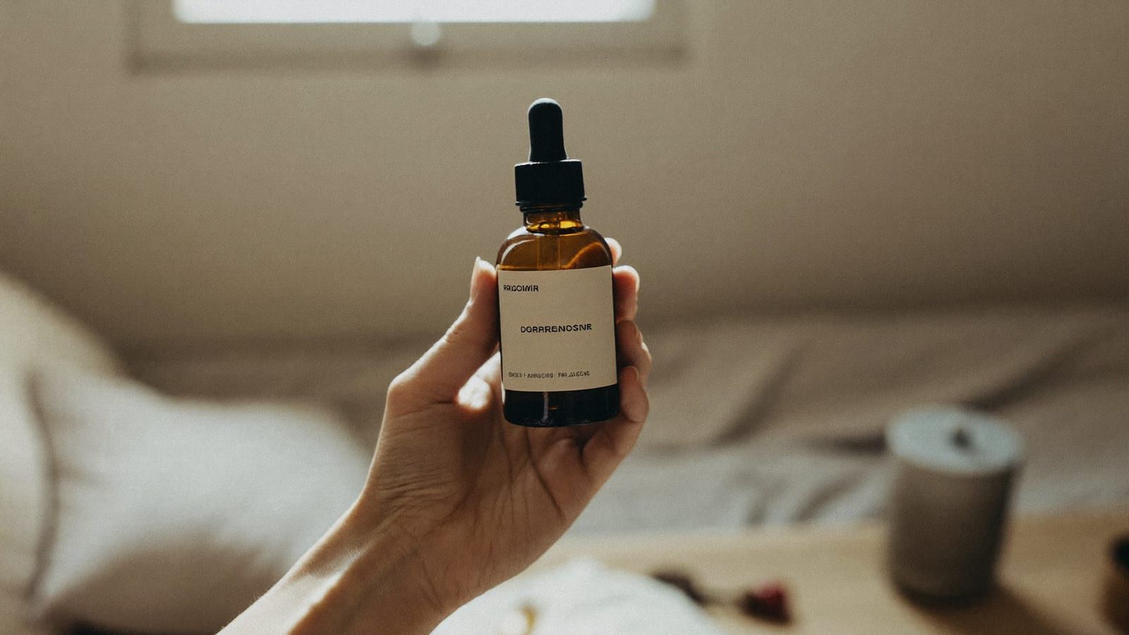 A hand holding a plain amber dropper bottle in soft natural window light, a lifestyle product shot