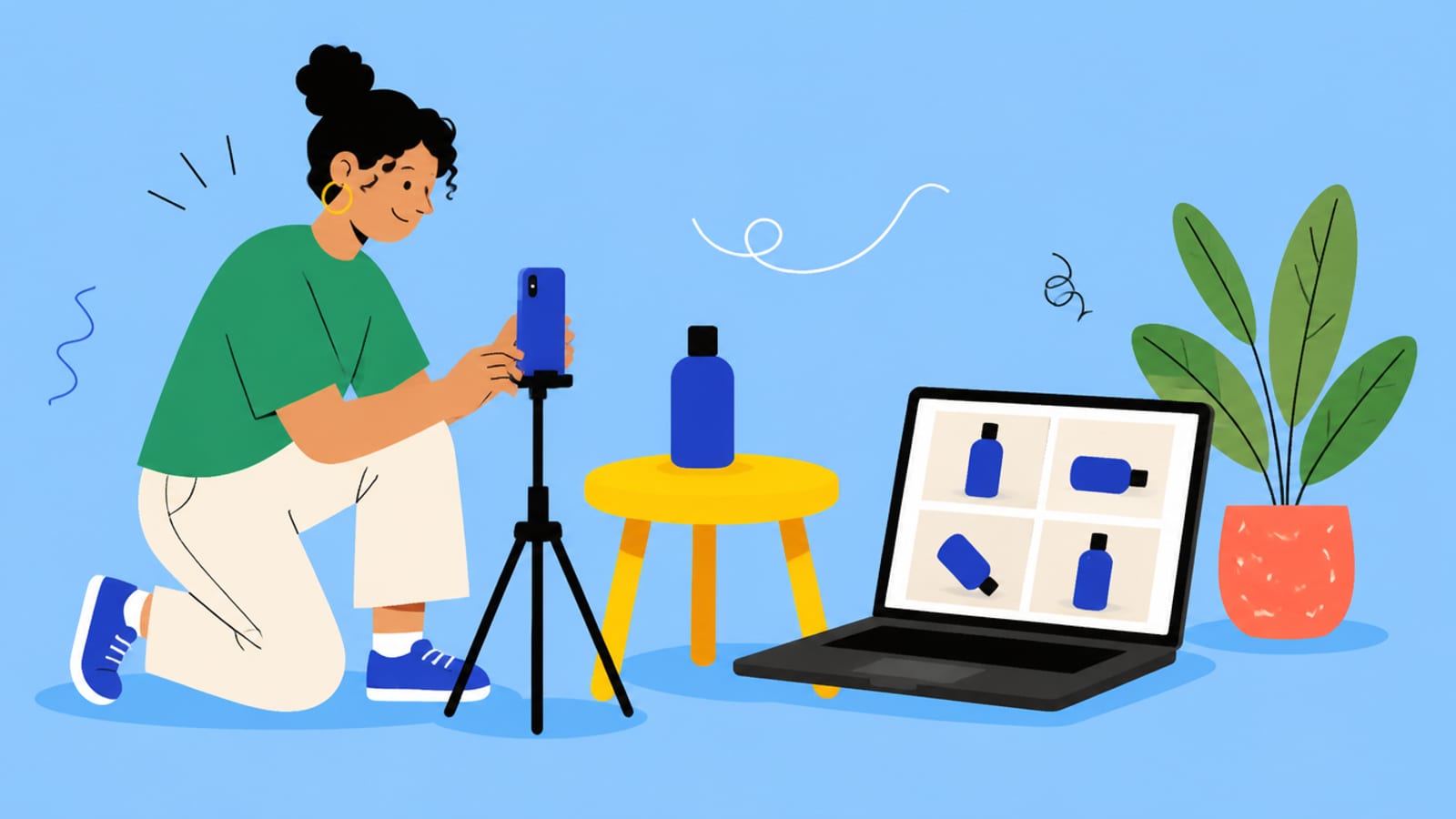 Flat illustration of a person photographing a product with product-shot tiles on a laptop, on a sky-blue background