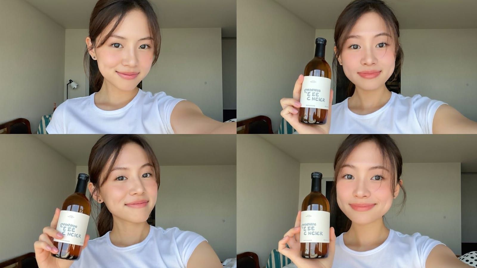 The same AI spokesperson shown in several different simple settings holding the same product, like a contact sheet