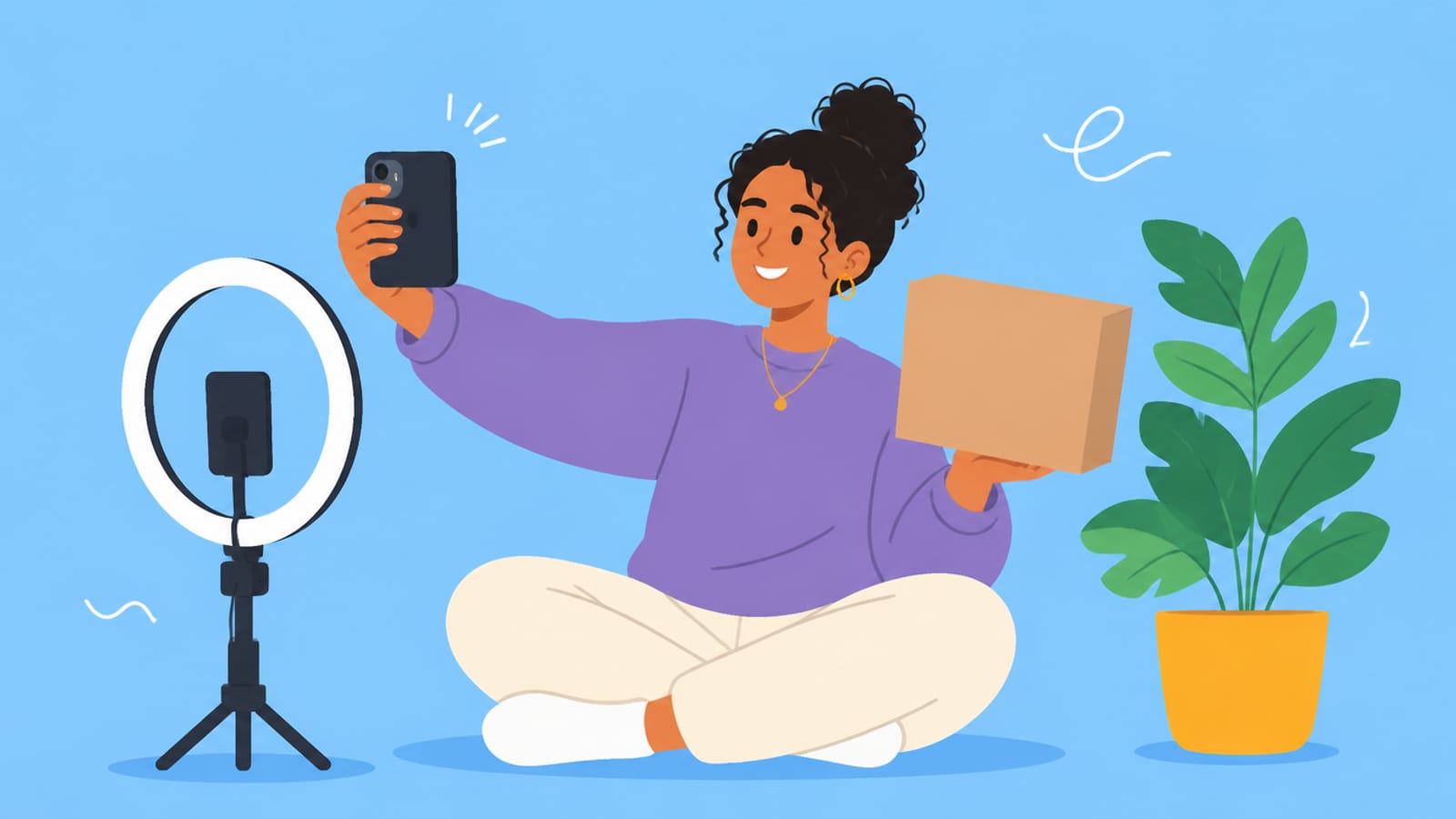 Flat illustration of a person recording a UGC-style product video on a phone, on a sky-blue background
