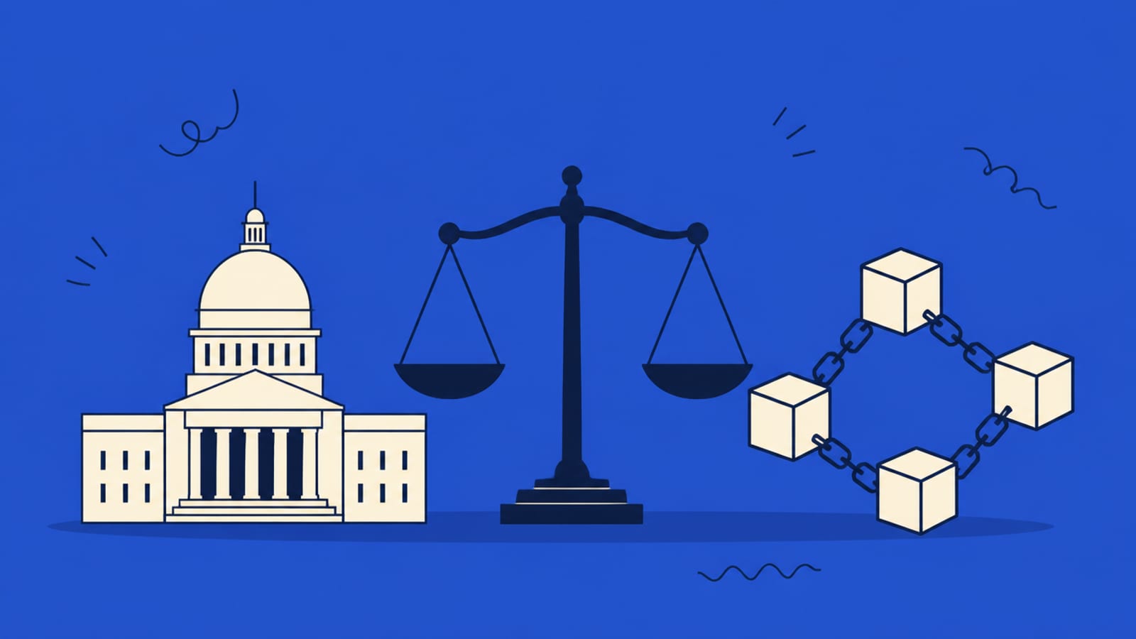 Illustration of a government building beside a blockchain chain and a set of balance scales