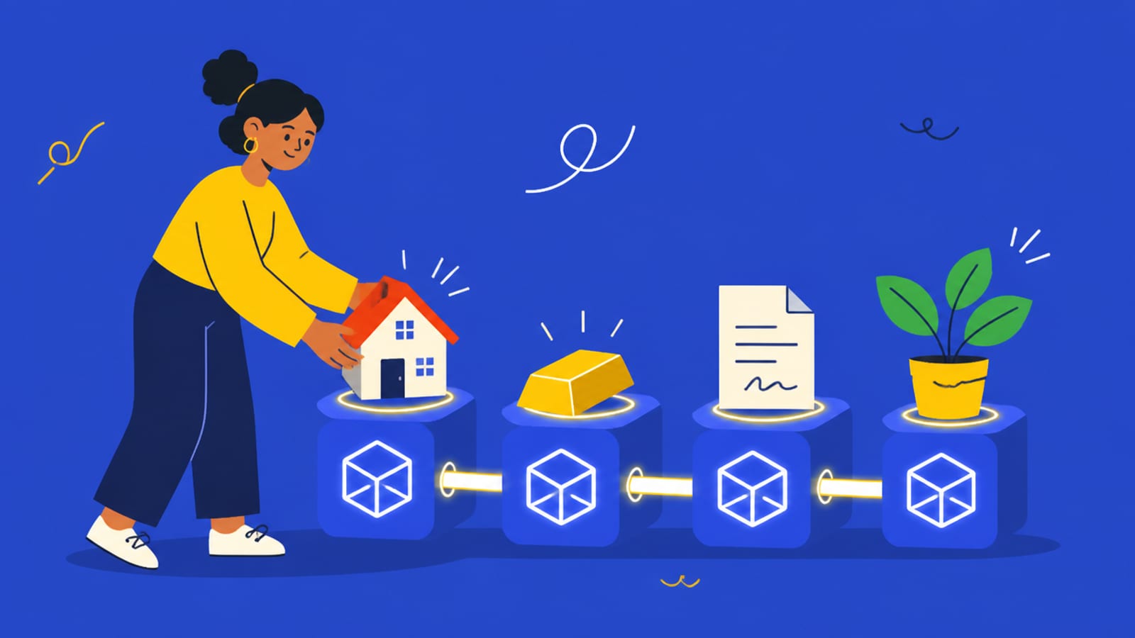 Illustration of a house, gold bar and document being tokenized onto a blockchain