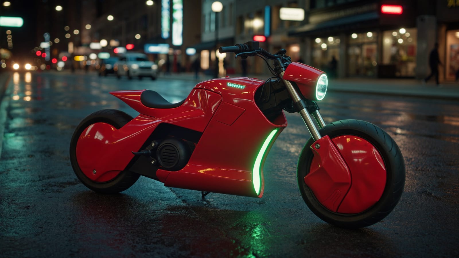 An original sleek futuristic red electric motorcycle with neon underglow on a wet neon-lit street