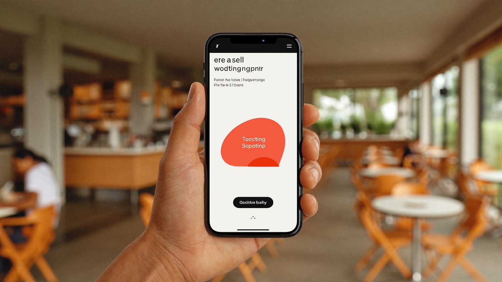 A simple pre-sell landing page mockup on a phone held in hand in a bright cafe